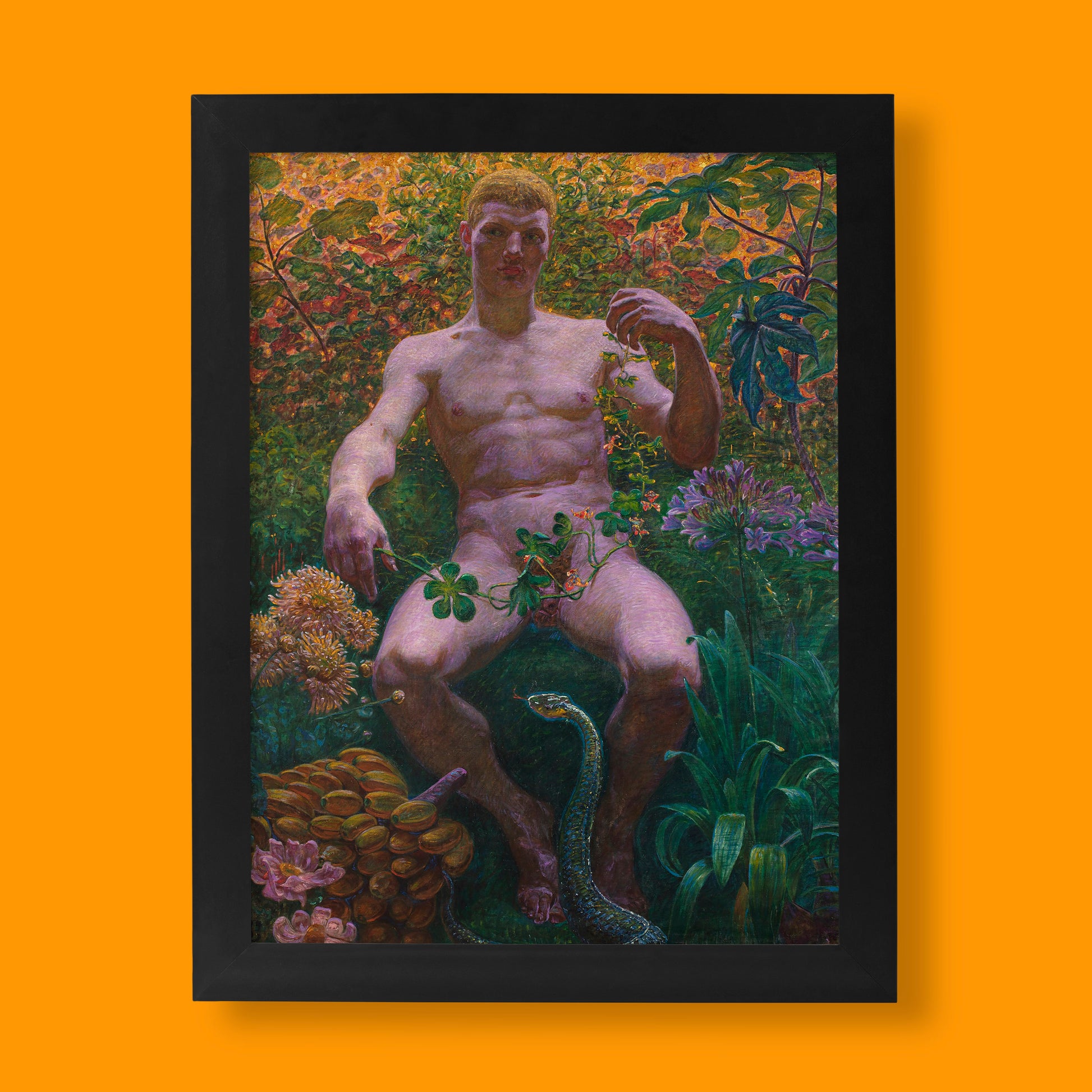 A beautiful and detailed giclée fine art print of Kristian Zahrtmann's painting, "Adam in Paradise," perfect for art lovers and designers.