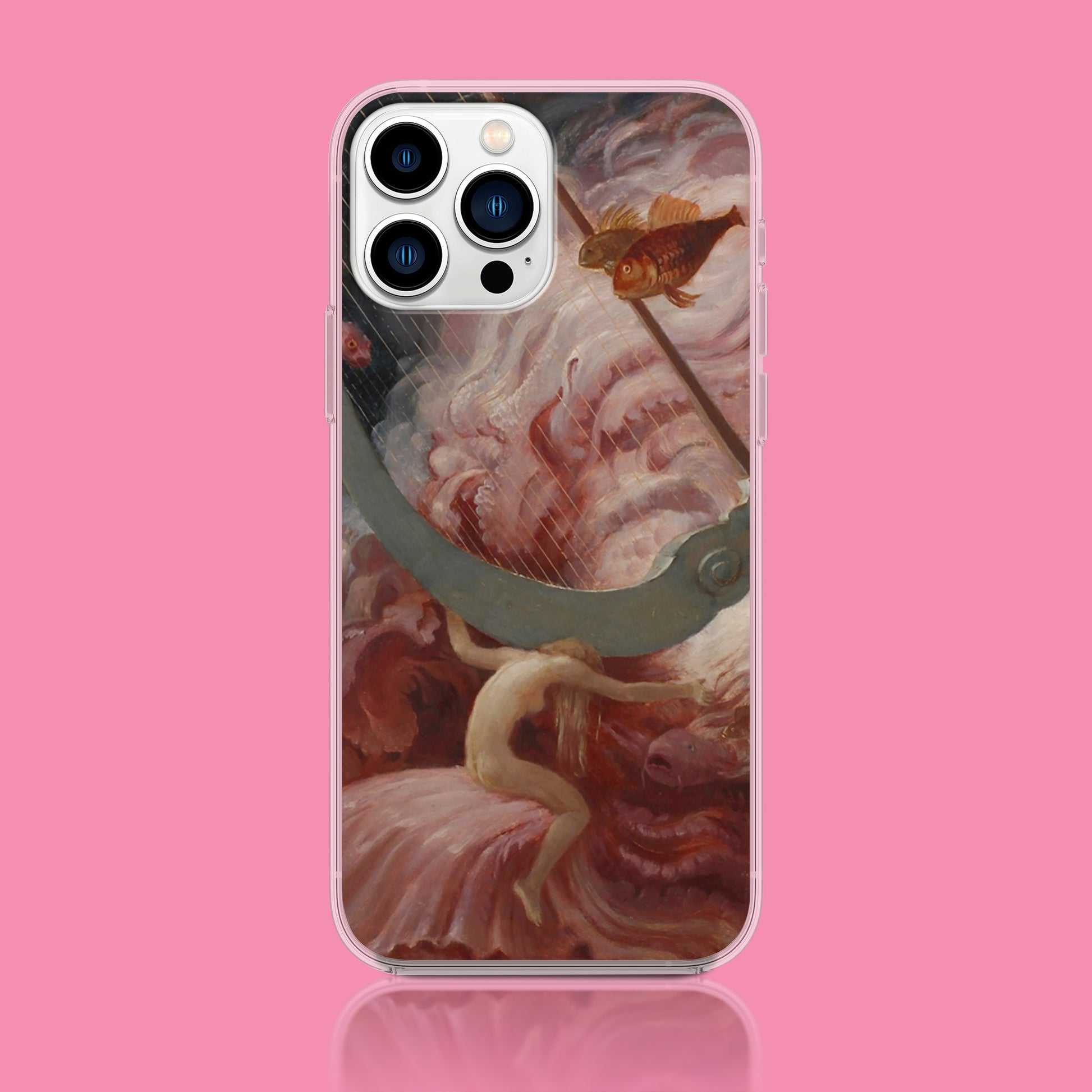 Max Frey Harp Sounds (Harfenklaenge) fine art phone case by ARTSNOB, featuring a Magical Realism painting of a nude with a harp and sea creatures.