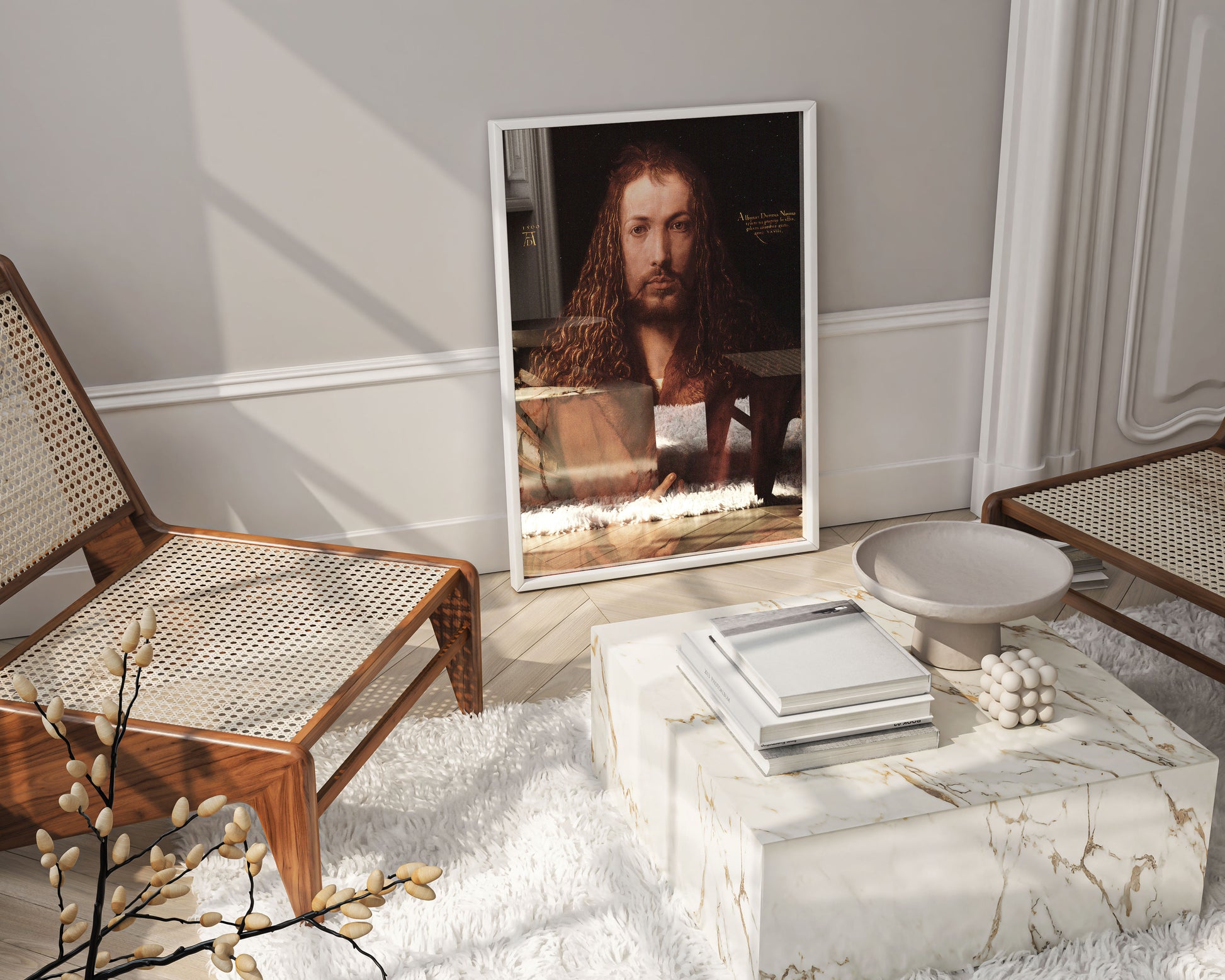Framed giclée art print of Albrecht Dürer's 1500 Self-Portrait. Museum-quality Northern Renaissance wall art for living room decor and gallery walls.