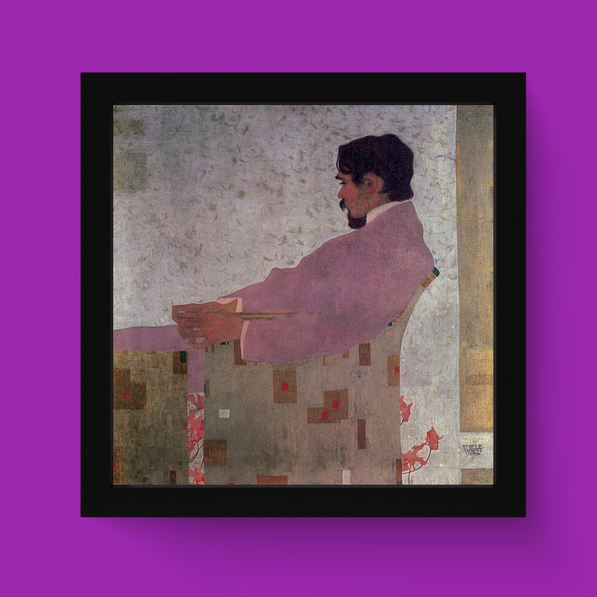 Egon Schiele Portrait of Anton Peschka fine art print showing man in pink jacket sitting in profile, museum quality wall art for modern home decor