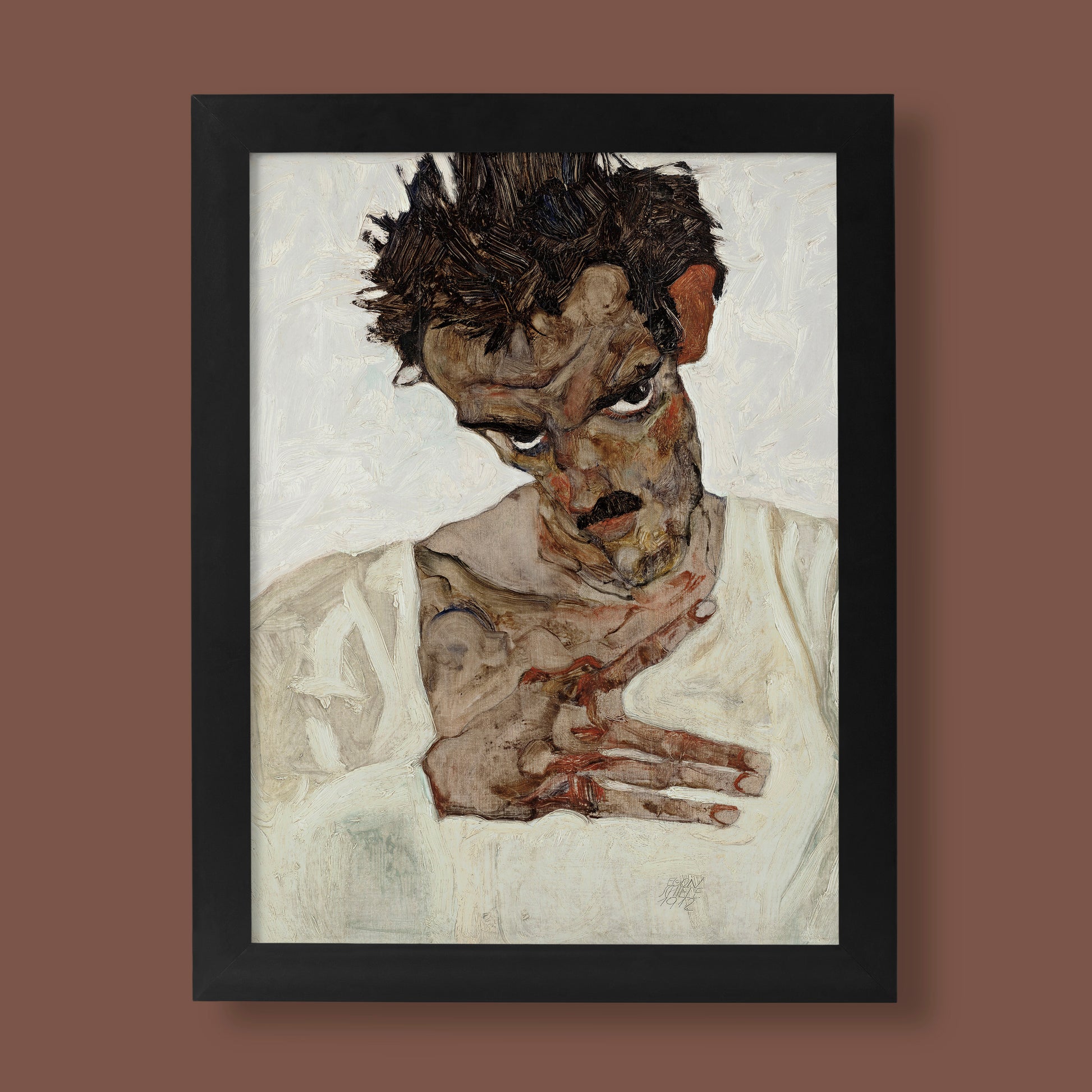 Egon Schiele Self-Portrait with Lowered Head print, a powerful Austrian Expressionist fine art print for modern wall decor.