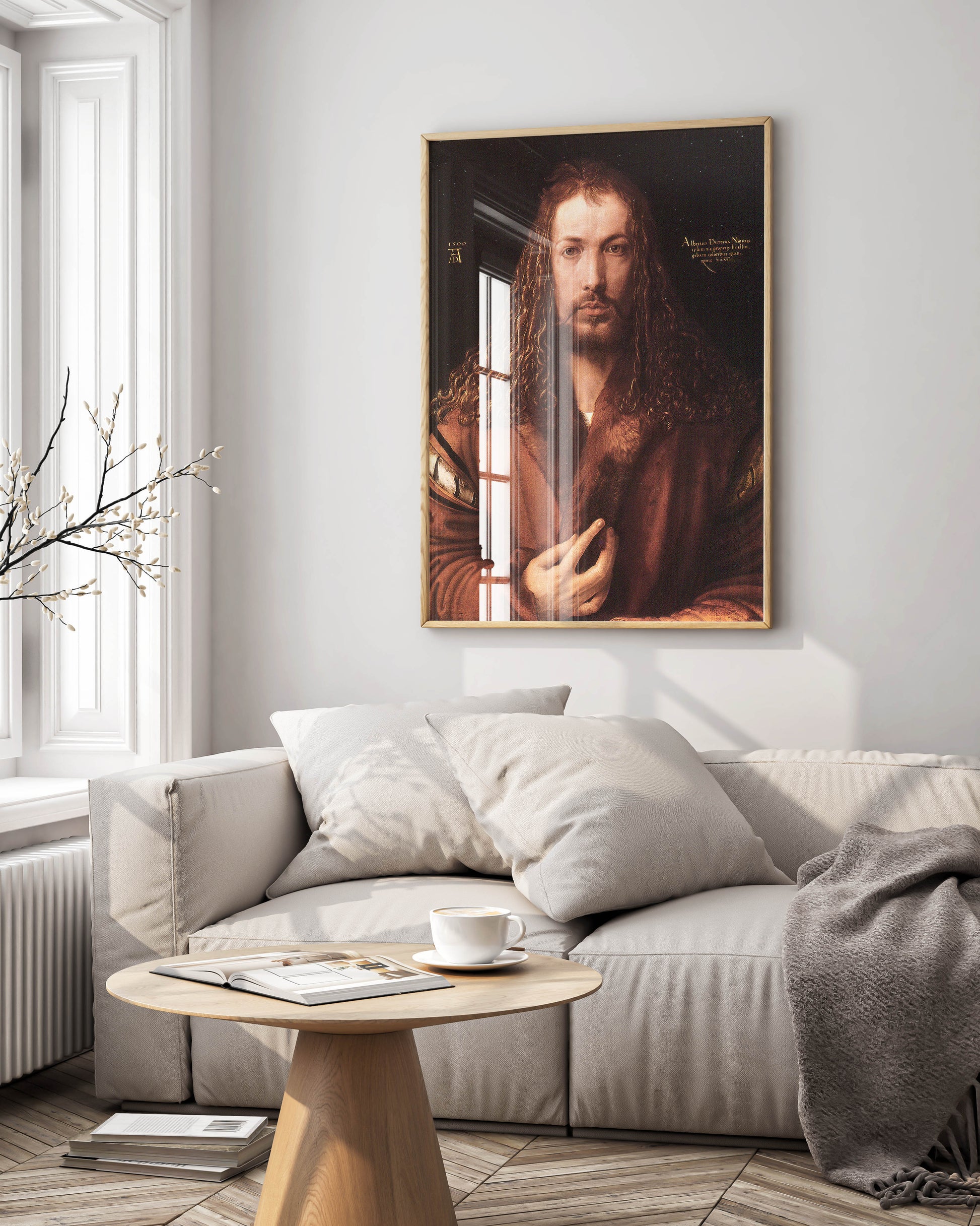 High-resolution canvas print of Albrecht Dürer's iconic Self-Portrait with Fur-Trimmed Robe. A powerful Renaissance masterpiece for elegant home office or bedroom decor.