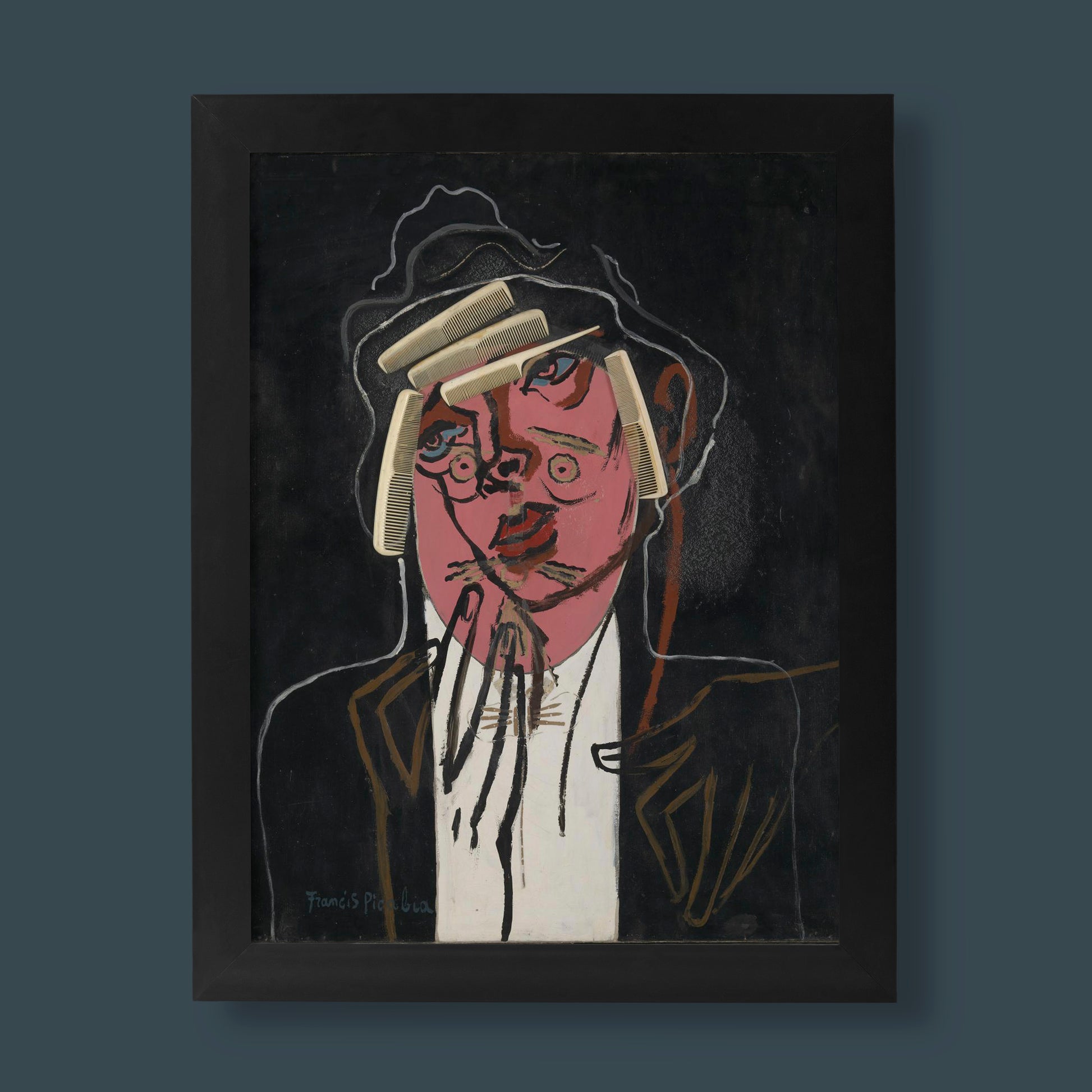 Francis Picabia The Handsome Pork-Butcher fine art print featuring stylised male figure with combs on dark background, museum quality wall art reproduction