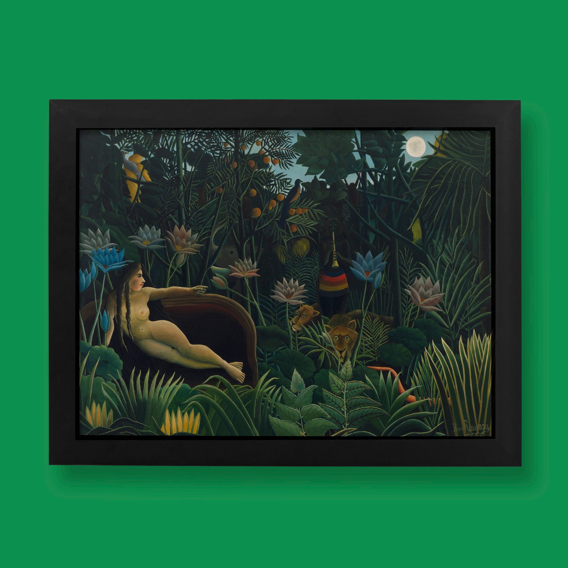 A high-quality giclée fine art print of Henri Rousseau's "The Dream," featuring a woman on a sofa in a lush, moonlit jungle.