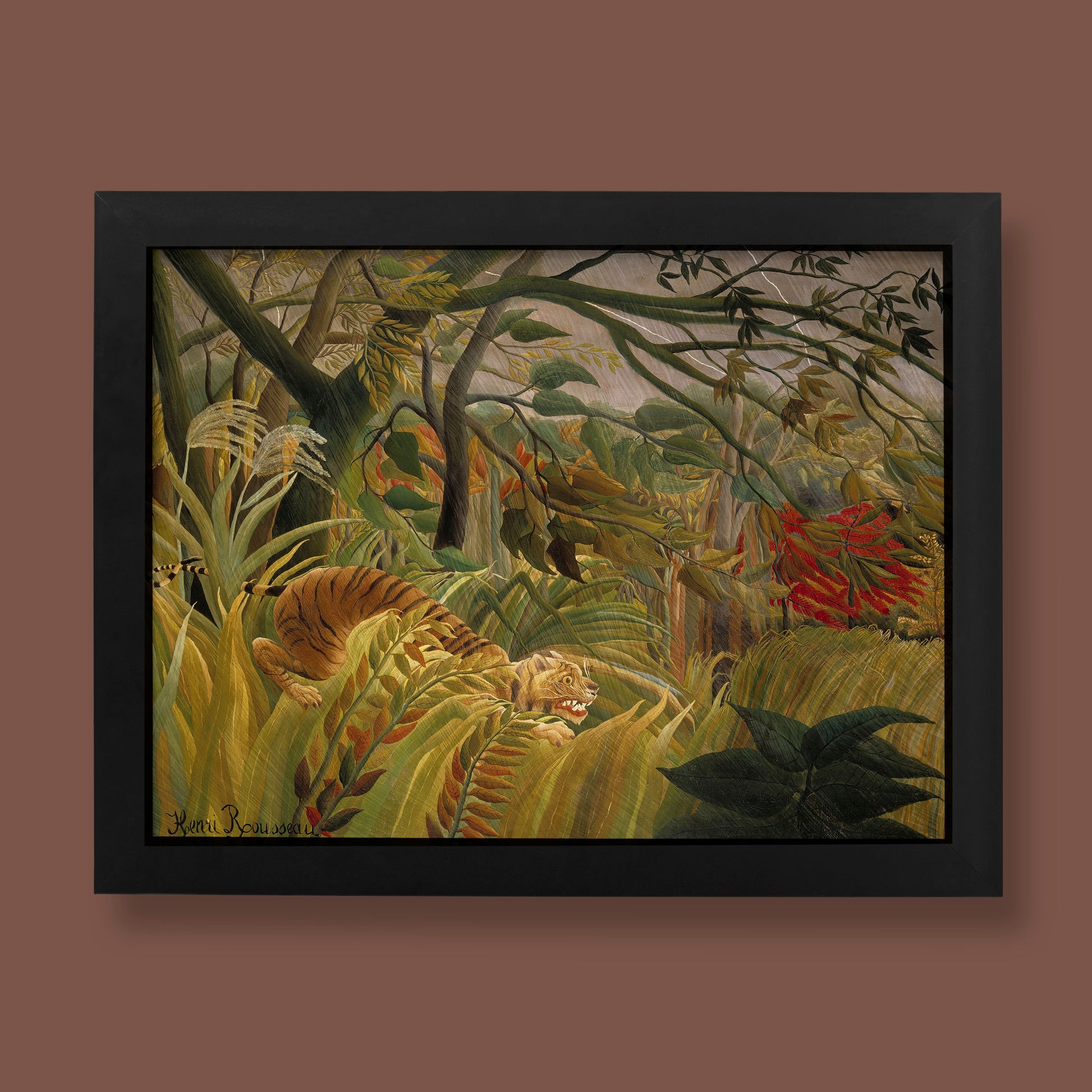 A stunning giclée fine art print of Henri Rousseau's iconic "Tiger in a Tropical Storm (Surprised!)" oil painting, perfect as a statement piece for home decor.