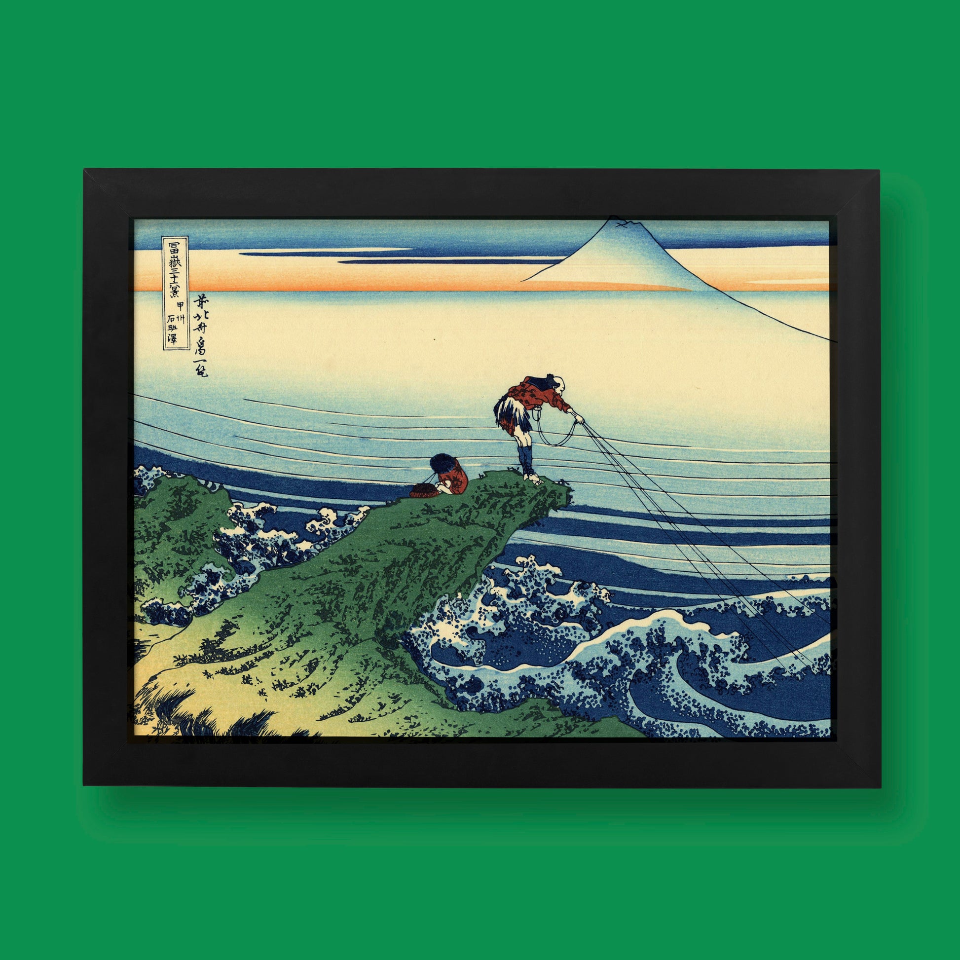 Hokusai Kajikazawa in Kai Province Japanese art print featuring Mount Fuji, fisherman casting lines into blue waves, perfect fine art wall decor