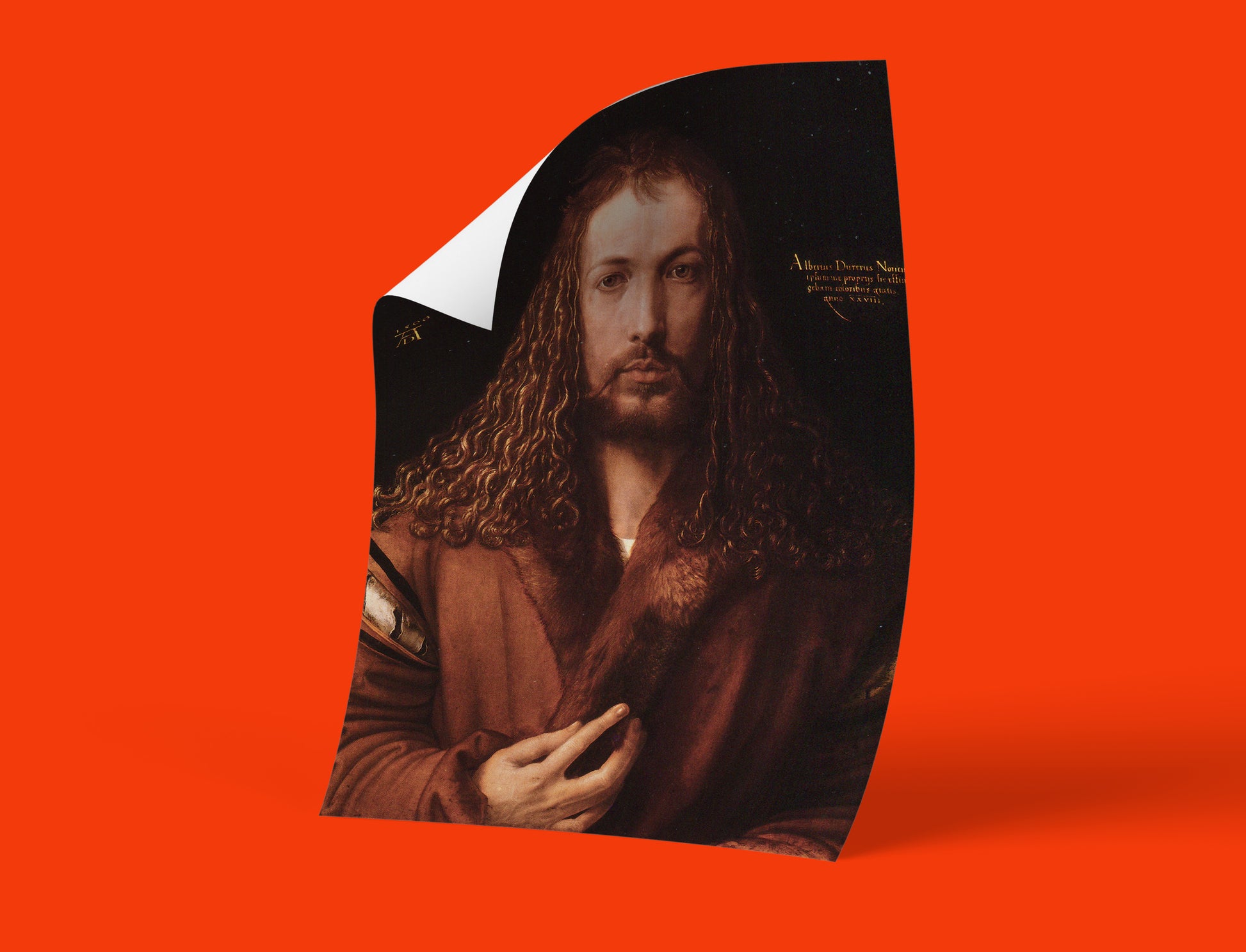 The iconic 1500 Self-Portrait by Albrecht Dürer, featuring his A·D monogram and the year, a powerful statement of artistic self-fashioning and genius.