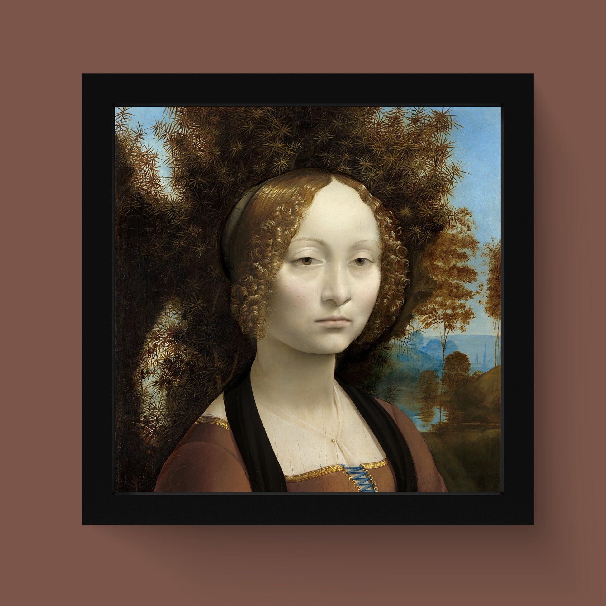 A high-quality giclée art print of Leonardo da Vinci's iconic Renaissance painting, "Ginevra de' Benci," perfect for fine art lovers.