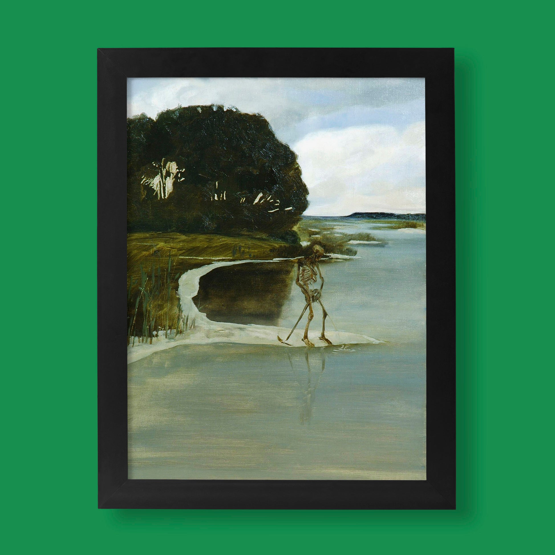 A high-quality giclée fine art print of Max Klinger's "The Peeing Death," featuring a skeletal figure in a serene landscape. Perfect for vintage art prints and fine art collectors.