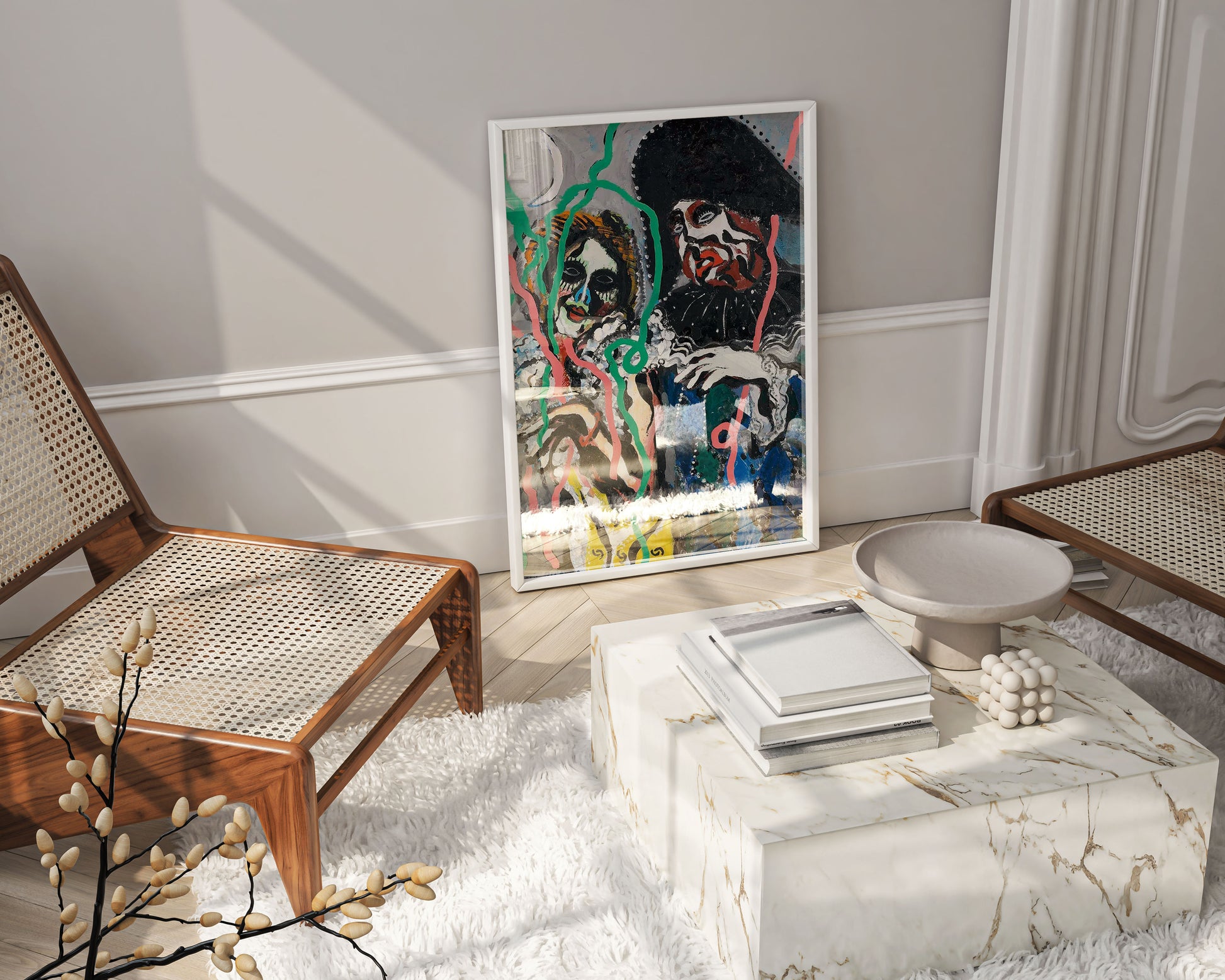 Framed Picabia Mi-Carême fine art print in contemporary interior, 1925 modernist painting wall decor, giclée art poster in elegant frame