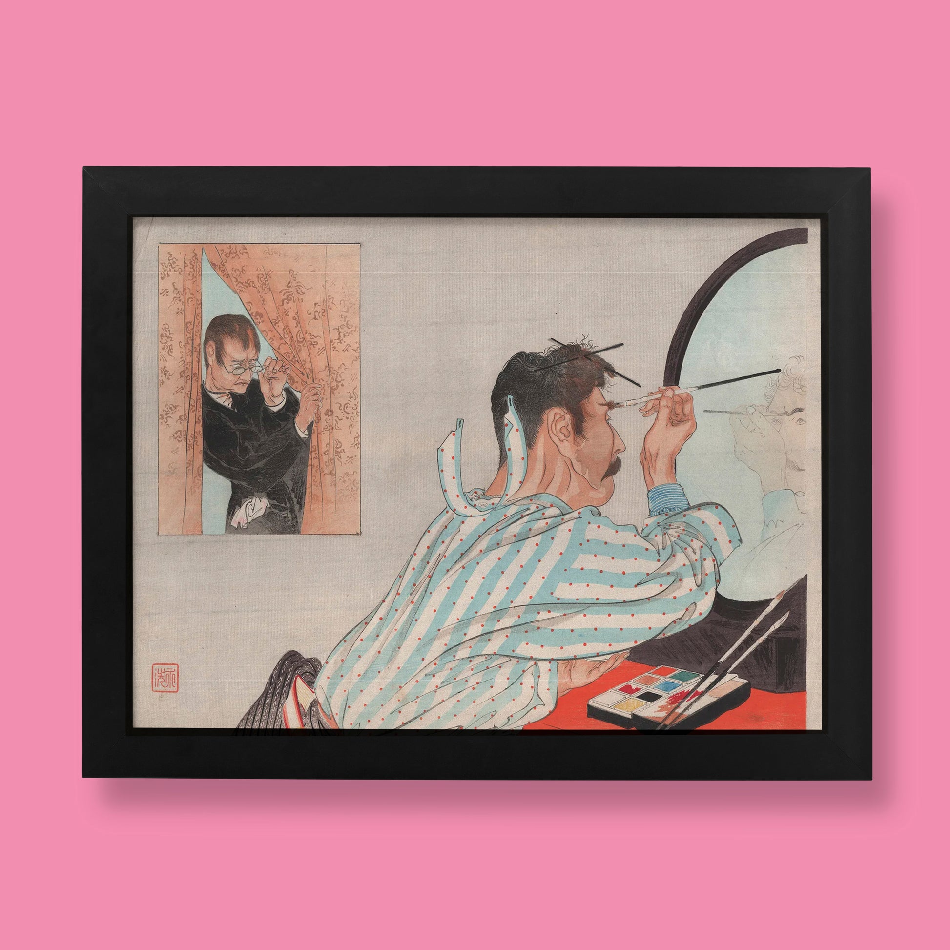 A Tomioka Eisen Ukiyo-e print of an artist applying makeup in a mirror, a masterpiece of queer art history from the “First Homosexuals” exhibition.