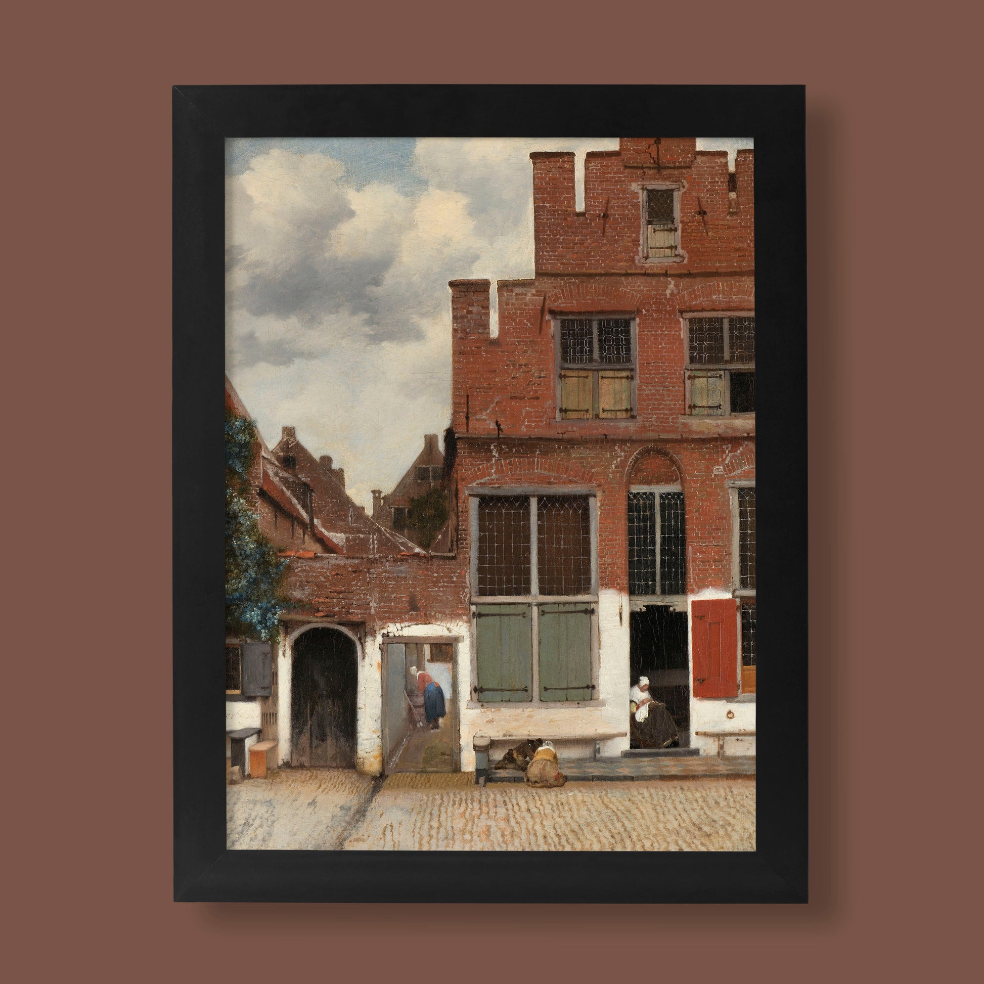 High-resolution fine art print of Johannes Vermeer's 'The Little Street,' a famous Dutch Golden Age cityscape painting.