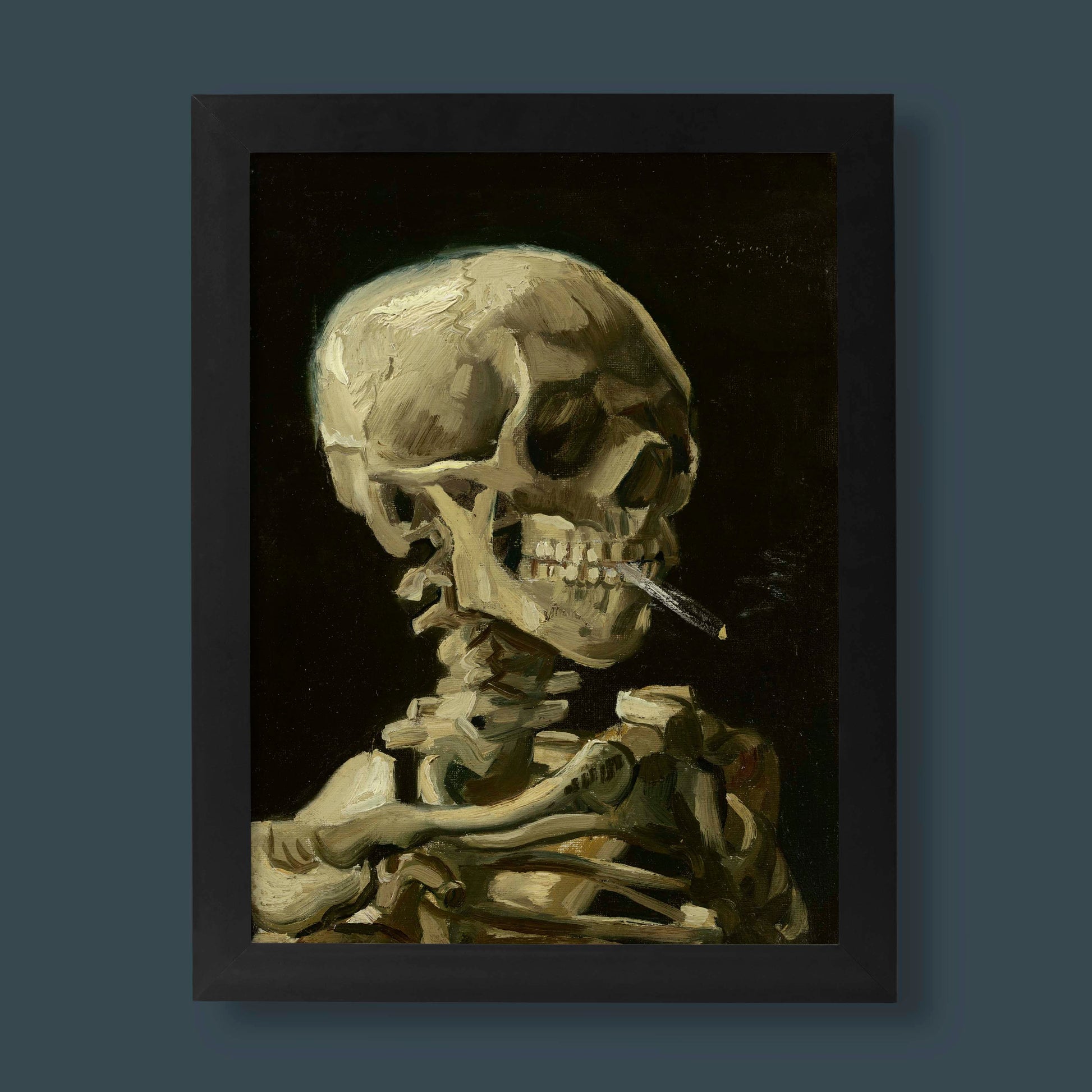 Vincent van Gogh's 'Head of a Skeleton with a Burning Cigarette' fine art print. This iconic oil on canvas reproduction makes for unique wall art and macabre decor. Perfect for art collectors and enthusiasts.