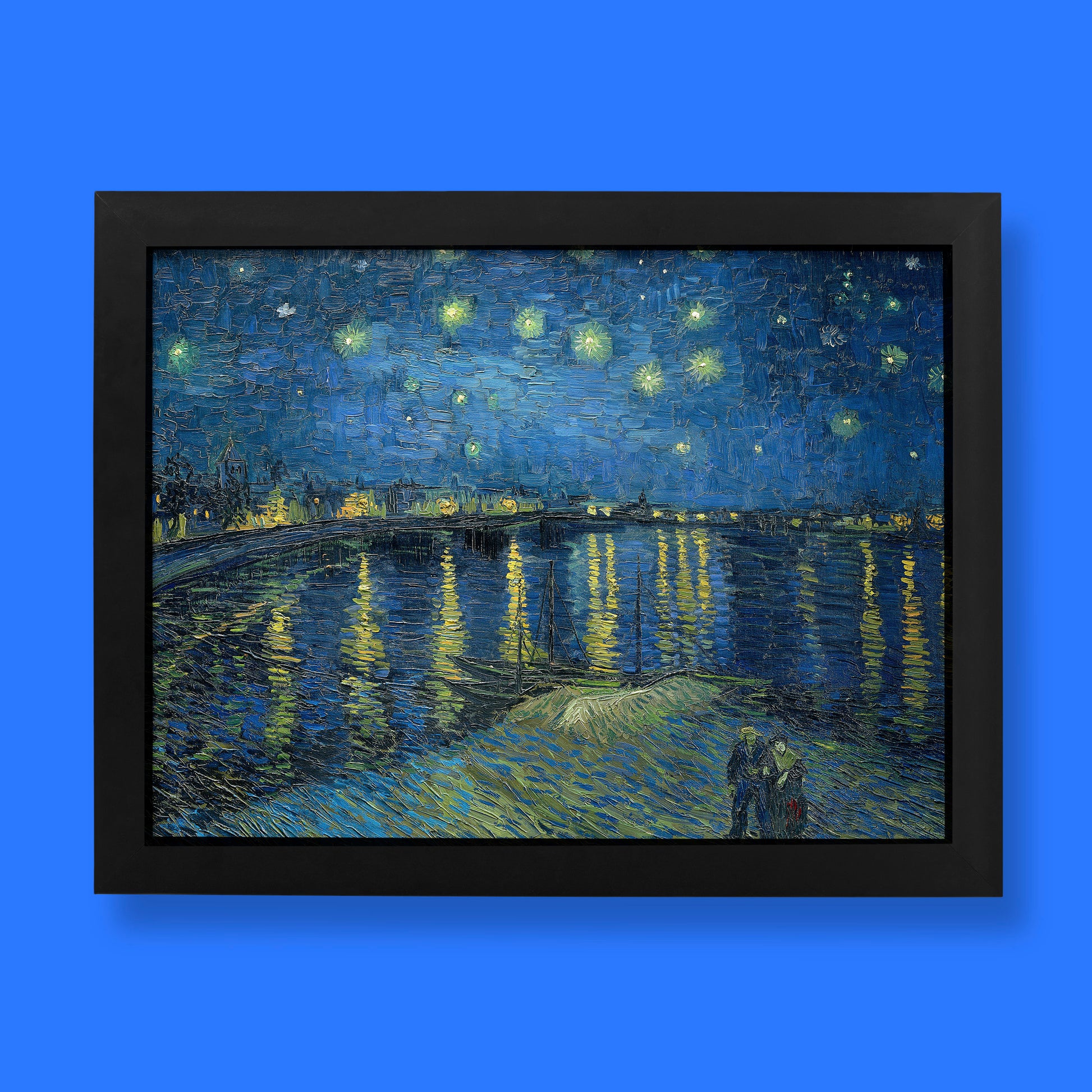 A high-quality giclée art print of Vincent van Gogh's iconic painting, "Starry Night Over the Rhône," showing the vibrant blue and yellow colours and a serene night scene with figures by the water. Perfect for fine art collectors.