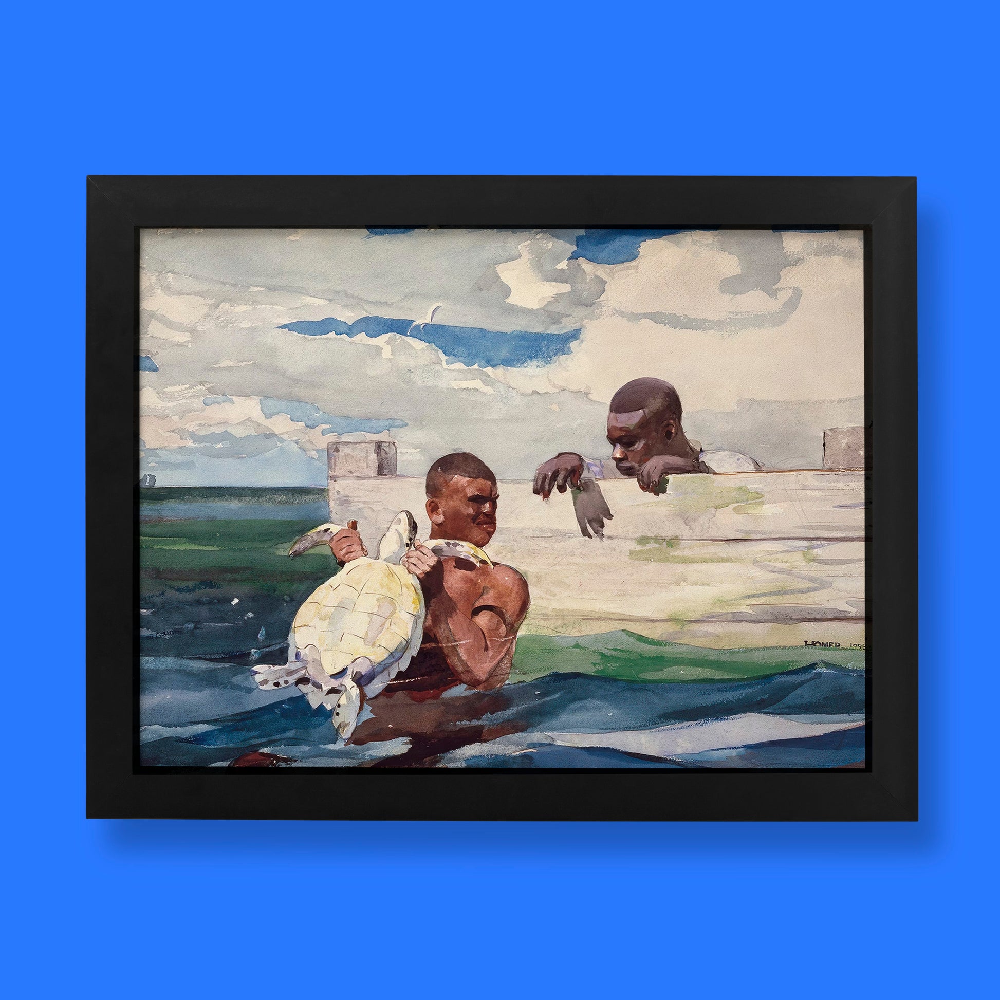Winslow Homer's "The Turtle Pound" fine art print showing two men in the sea with a large turtle, with a pier in the background.
