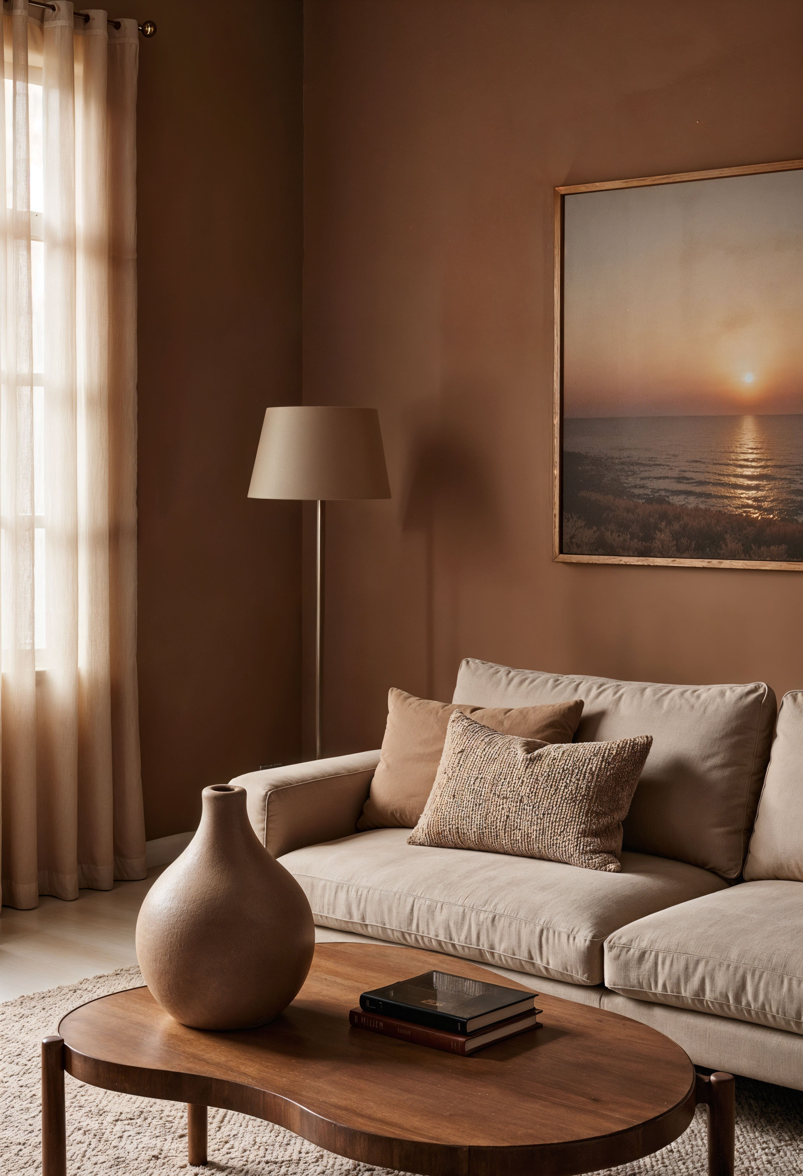 A stylish, cocooning living room featuring deep chocolate brown walls and a beige linen sofa, styled with a large framed brown wall art print and earthenware accessories to illustrate the 2026 interior design colour trend.