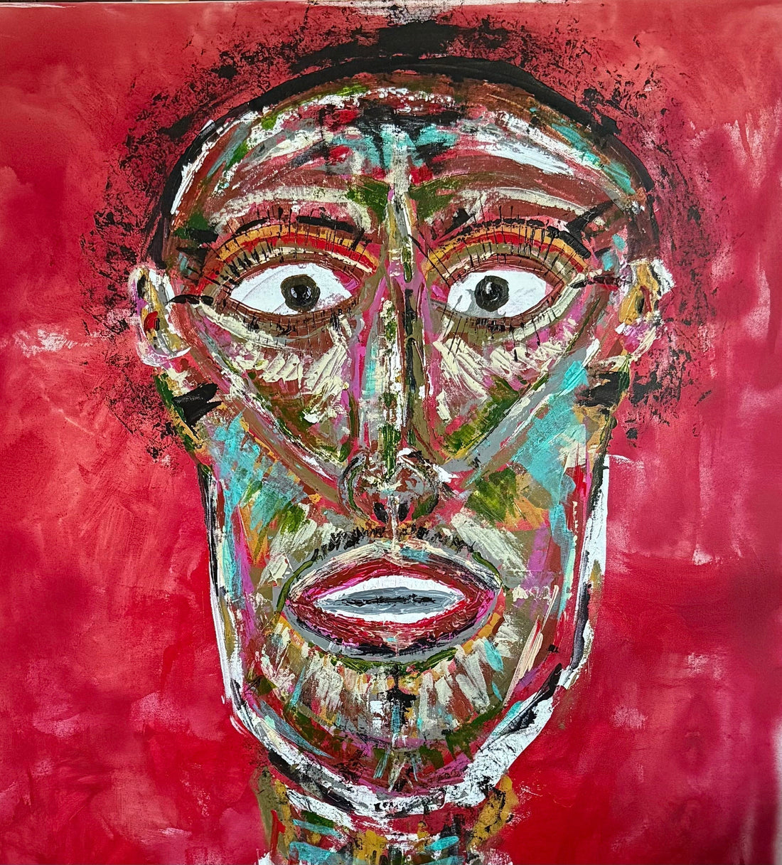 Keemar, Impossible Journey II, 2026. Expressive portrait painting on red background, mixed media on canvas. Part of the NNUTS migration art exhibition at Saan1, Manchester.