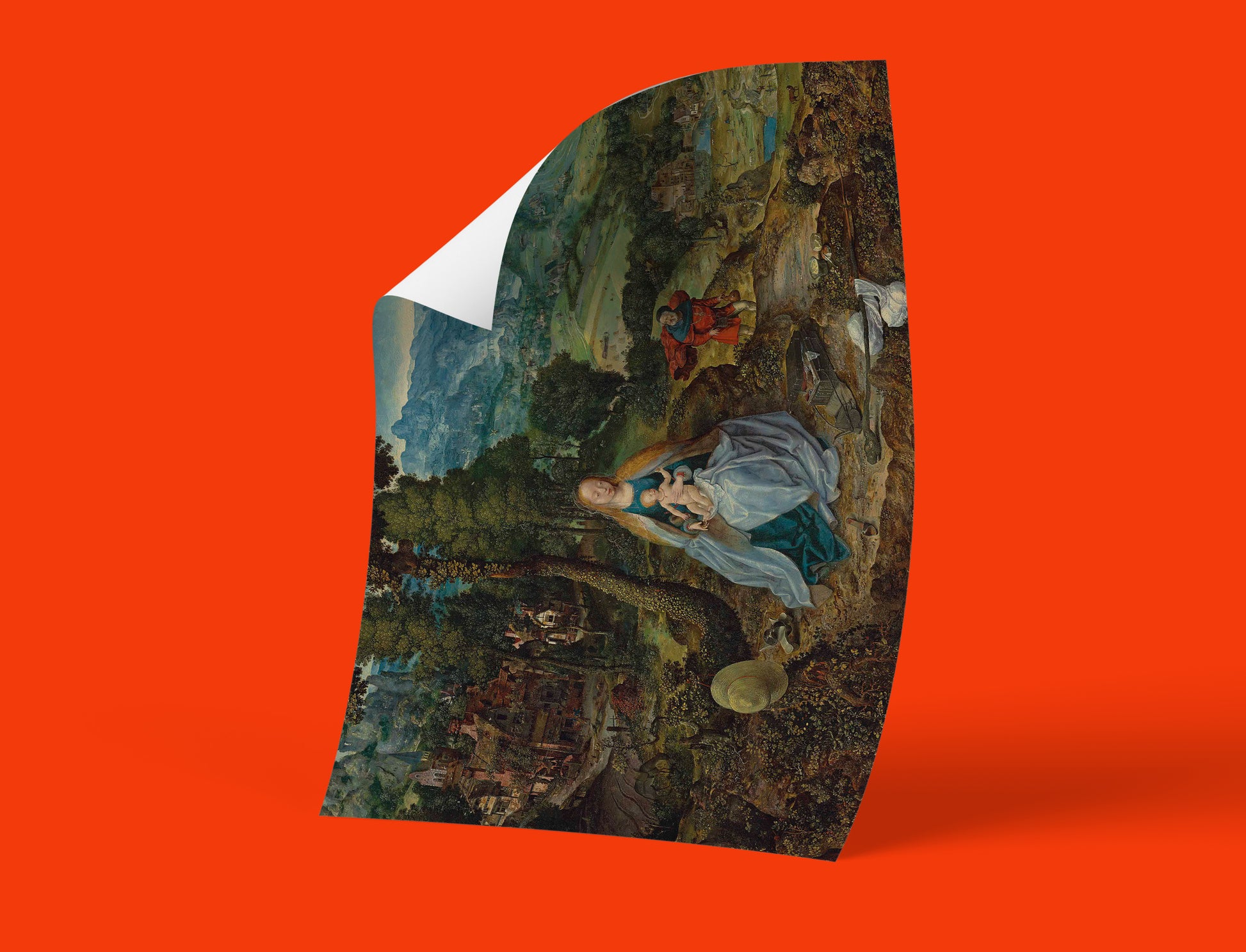 Antwerp School biblical art print featuring Rest on Flight to Egypt scene with detailed medieval village, alpine mountains and pilgrimage symbolism, fine art reproduction