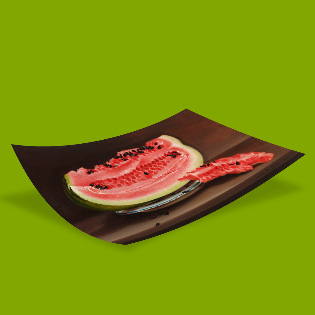 Vintage fruit still life art print featuring a split watermelon with glistening red flesh and black seeds, ideal for kitchen or dining room wall art