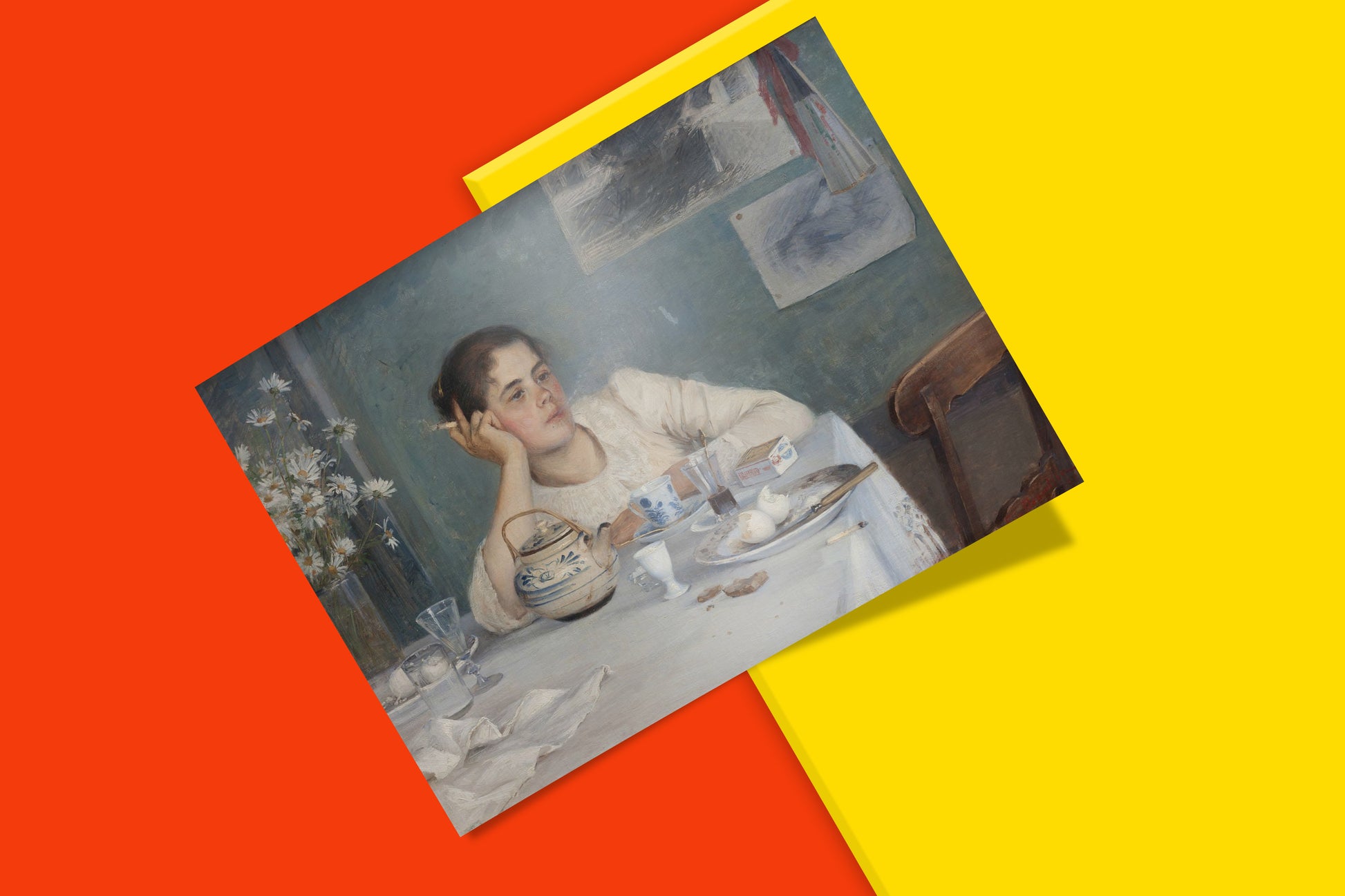 Finnish artist After Breakfast painting print featuring contemplative woman with cigarette, vintage fine art poster for modern interiors