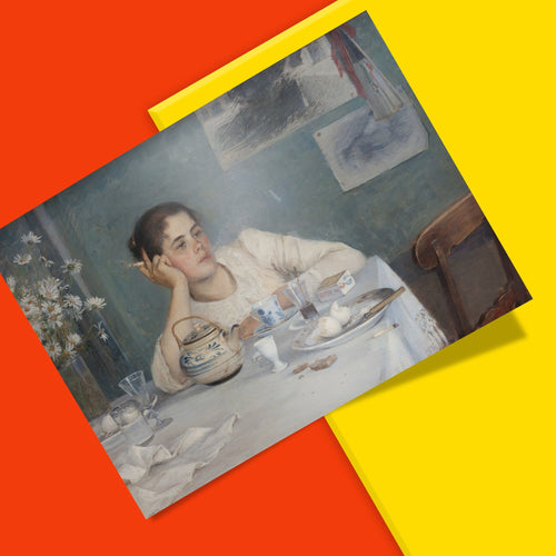 Finnish artist After Breakfast painting print featuring contemplative woman with cigarette, vintage fine art poster for modern interiors