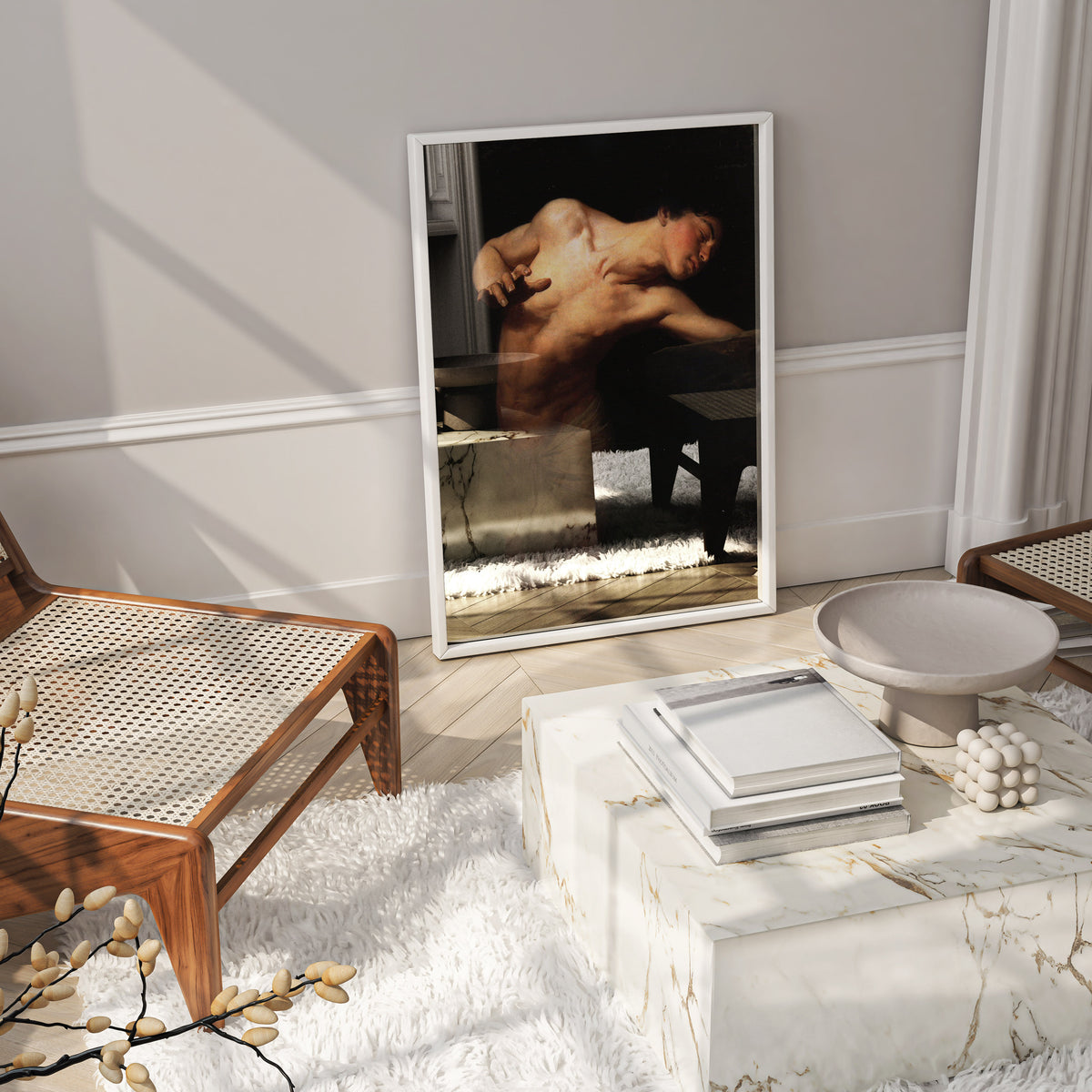 Figurative painting poster of Narcissus, a mythological subject rendered with dramatic contrast and emotional intensity.