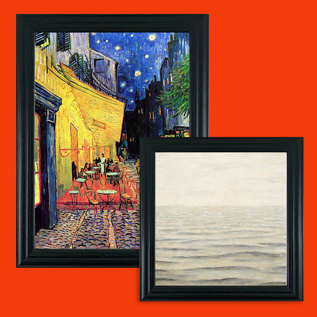 Two black picture frames are displayed on an orange background. The larger frame, in the background, holds a print of Vincent van Gogh's 'Café Terrace at Night'. The smaller frame, in the foreground, contains a print of a minimalist, light-coloured seascape with gentle waves by L. S. Lowry.