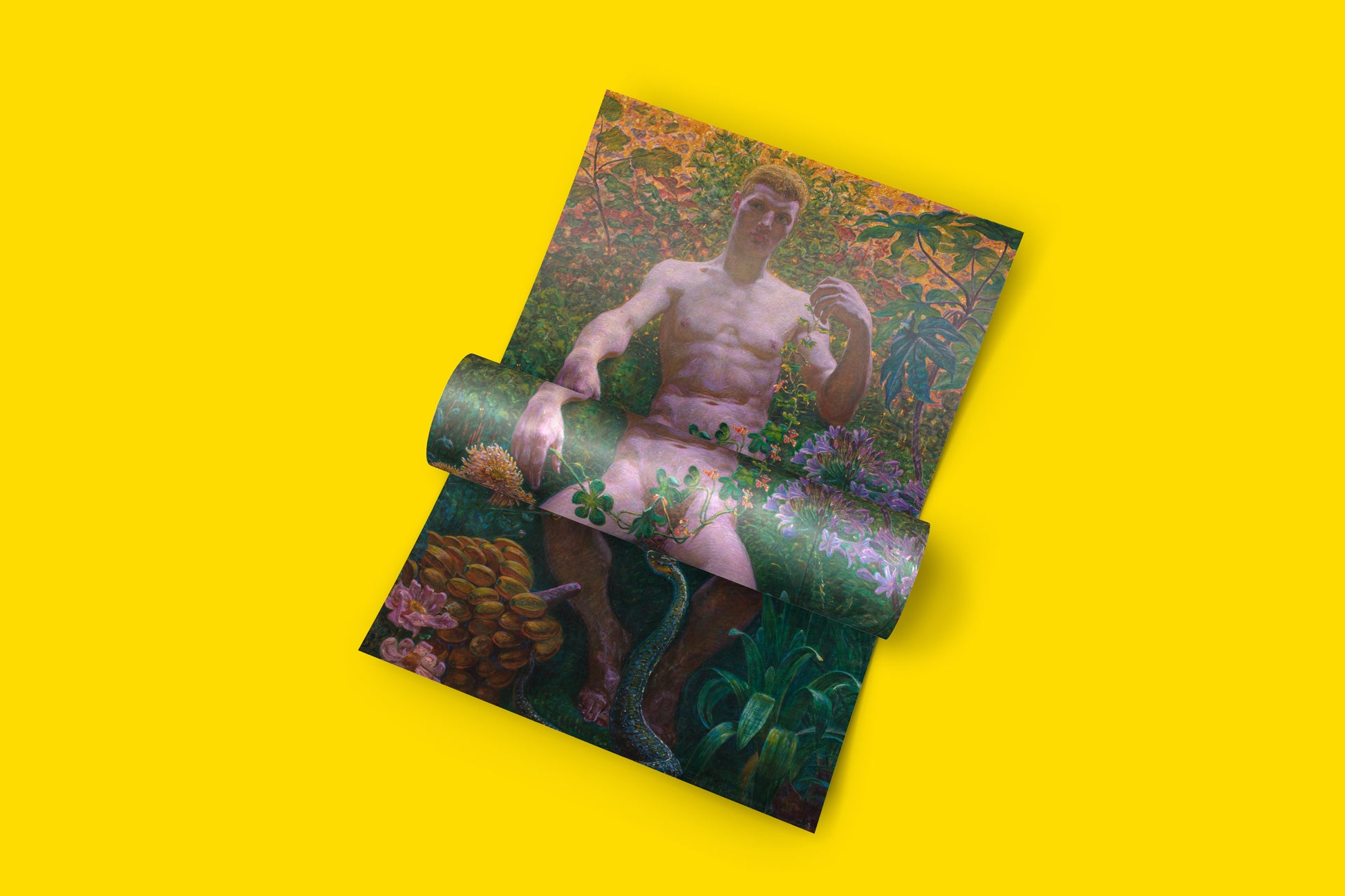 A vintage print of the homoerotic painting "Adam in Paradise" by Kristian Zahrtmann, showcasing an idealised male figure in a lush garden setting.