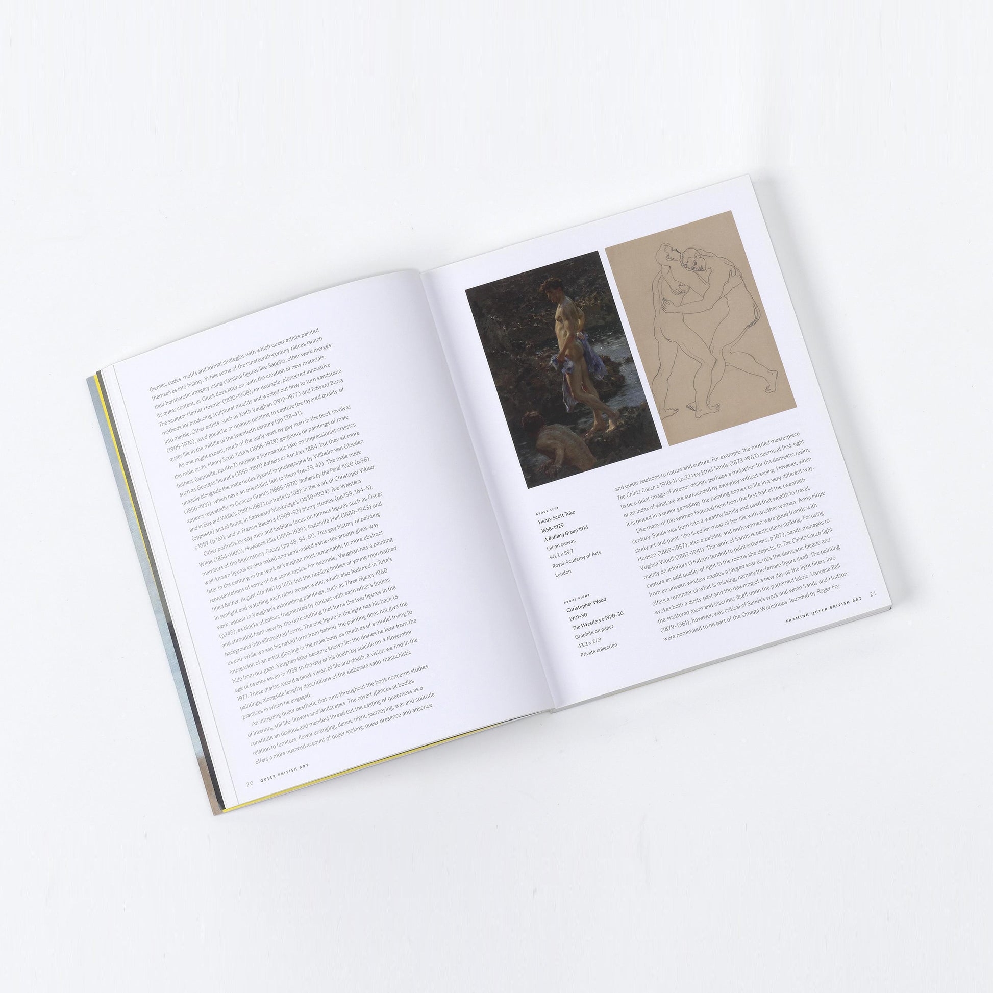 Spread of the Queer British Art luxury book, featuring a male nude study drawing and text on Christopher Wood.