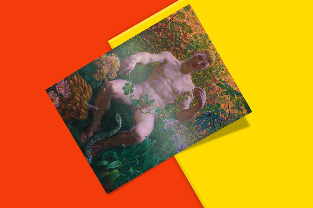 A gallery-quality print of the Danish artist Kristian Zahrtmann's famous painting, "Adam in Paradise," a significant piece of art history.