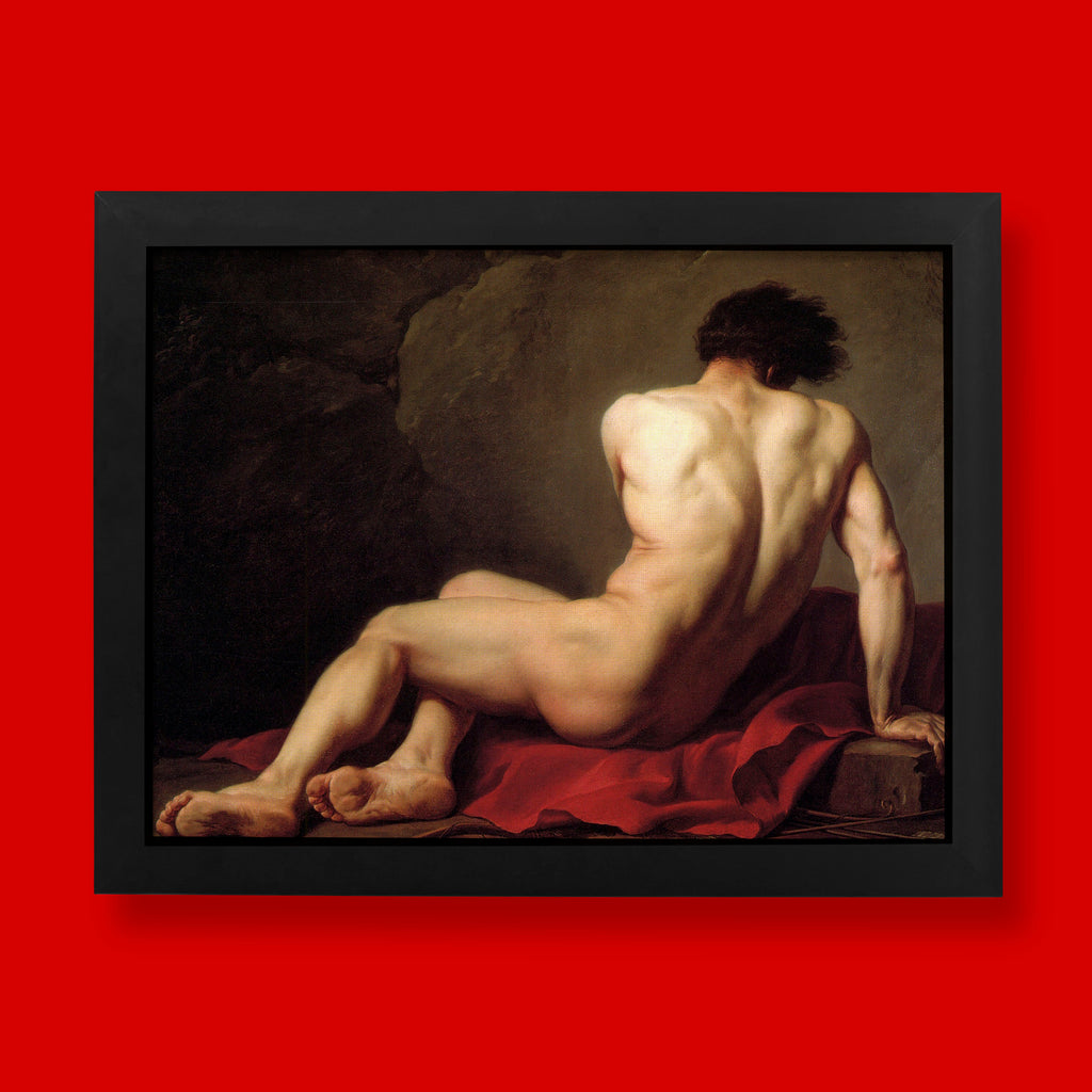 A Neoclassical painting by Jacques-Louis David, Patroclus, a Greek hero, is depicted in a preparatory study with his back to the viewer.