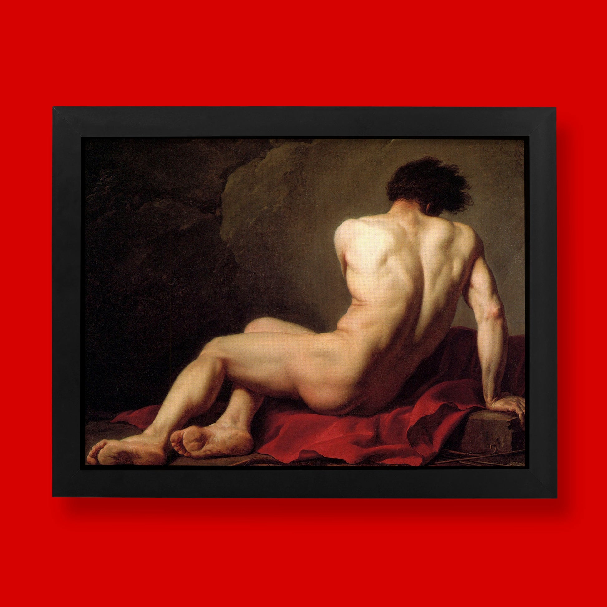A Neoclassical painting by Jacques-Louis David, Patroclus, a Greek hero, is depicted in a preparatory study with his back to the viewer.