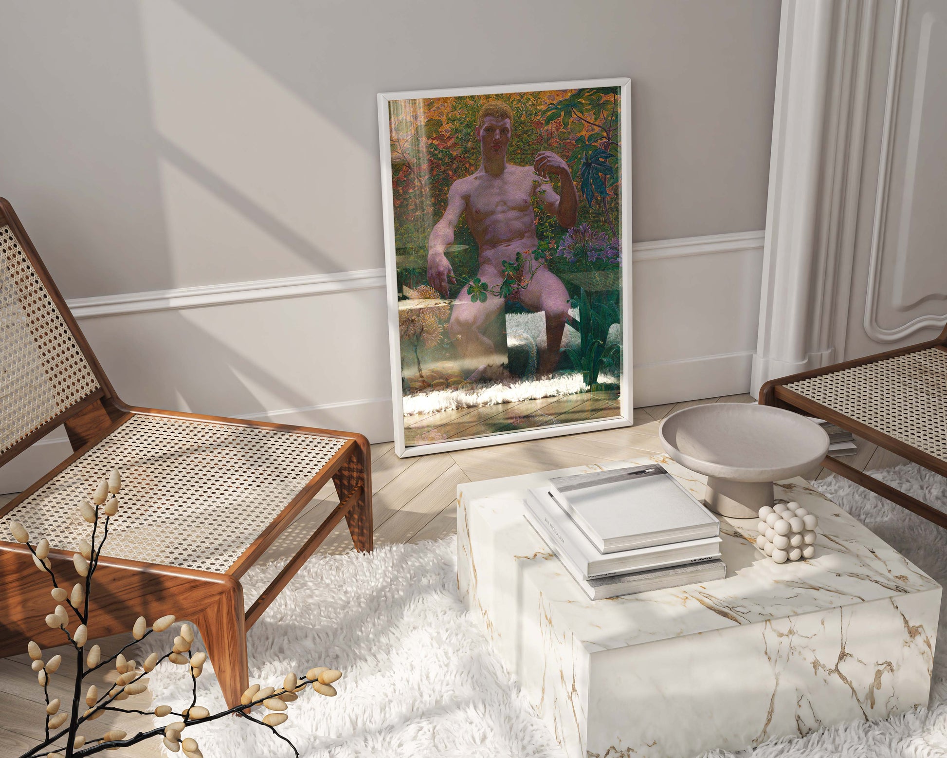 A close-up of the framed vintage print of Zahrtmann's homoerotic painting "Adam in Paradise," displayed as a stunning piece of wall art in a high-end, luxury home decor setting. The detailed print and elegant frame complement the room's luxurious aesthetic.