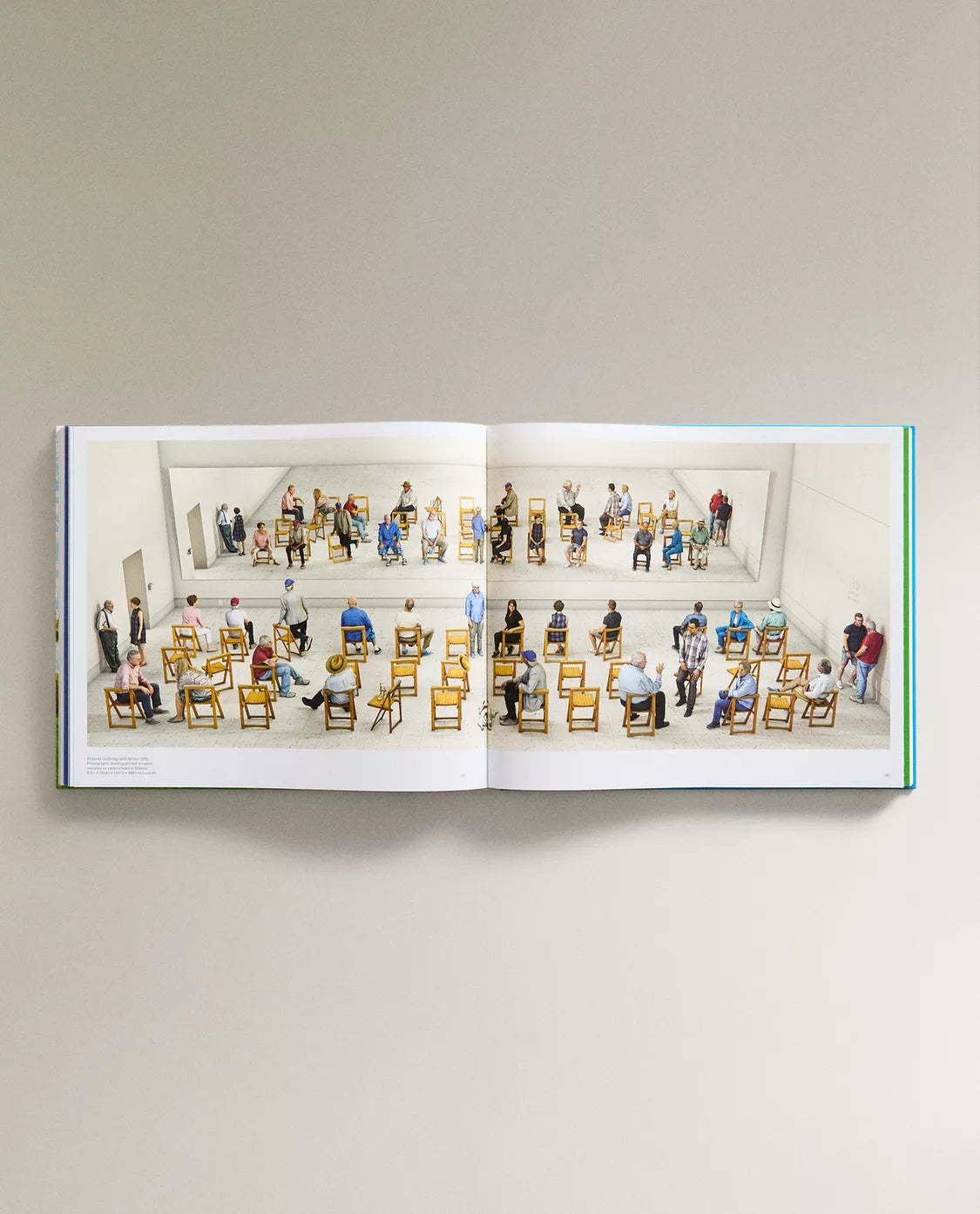 Open David Hockney book showing a detailed illustration of people in a classroom setting.