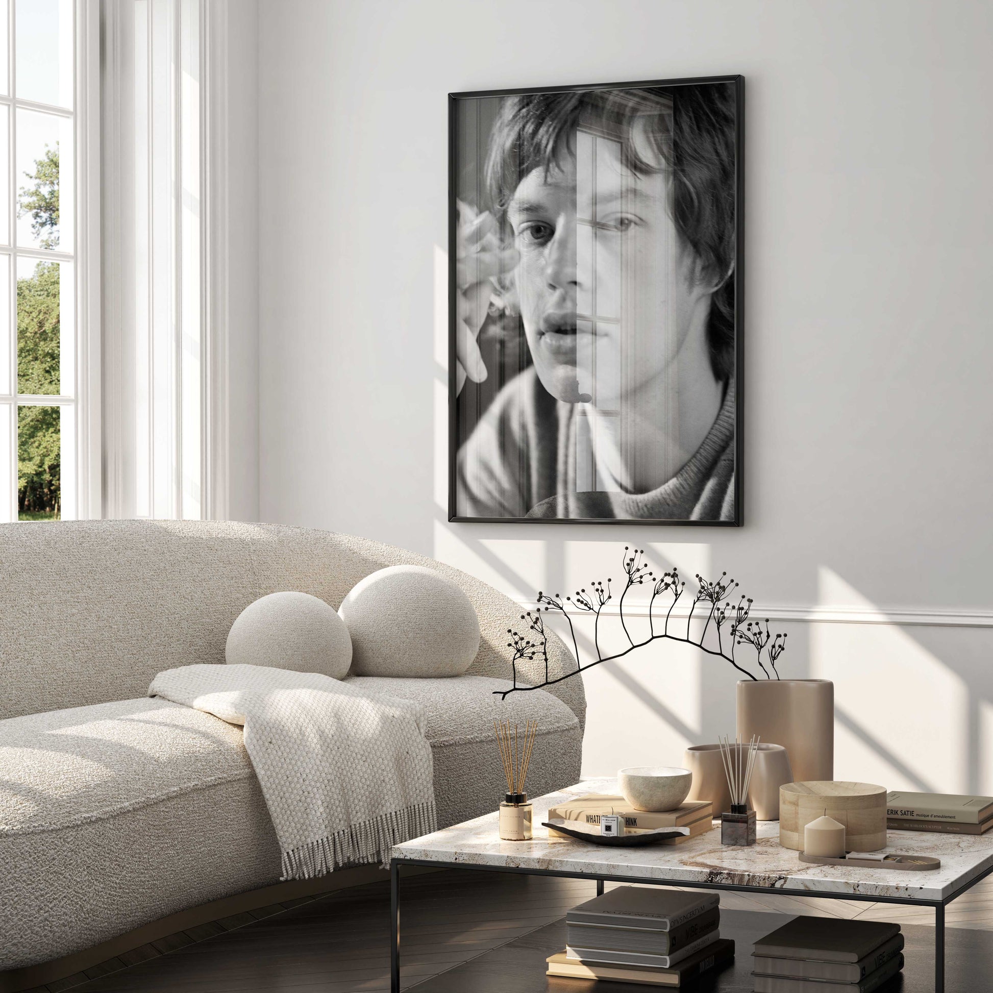 Luxury living room decor featuring a framed Mick Jagger art print, premium quality fine art for sophisticated interiors.