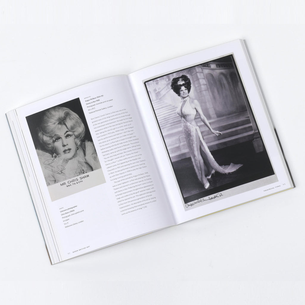 A two-page spread from the Queer British Art catalogue, showing a portrait of Mr. Chris Shaw and a black and white photograph of a drag queen performance.