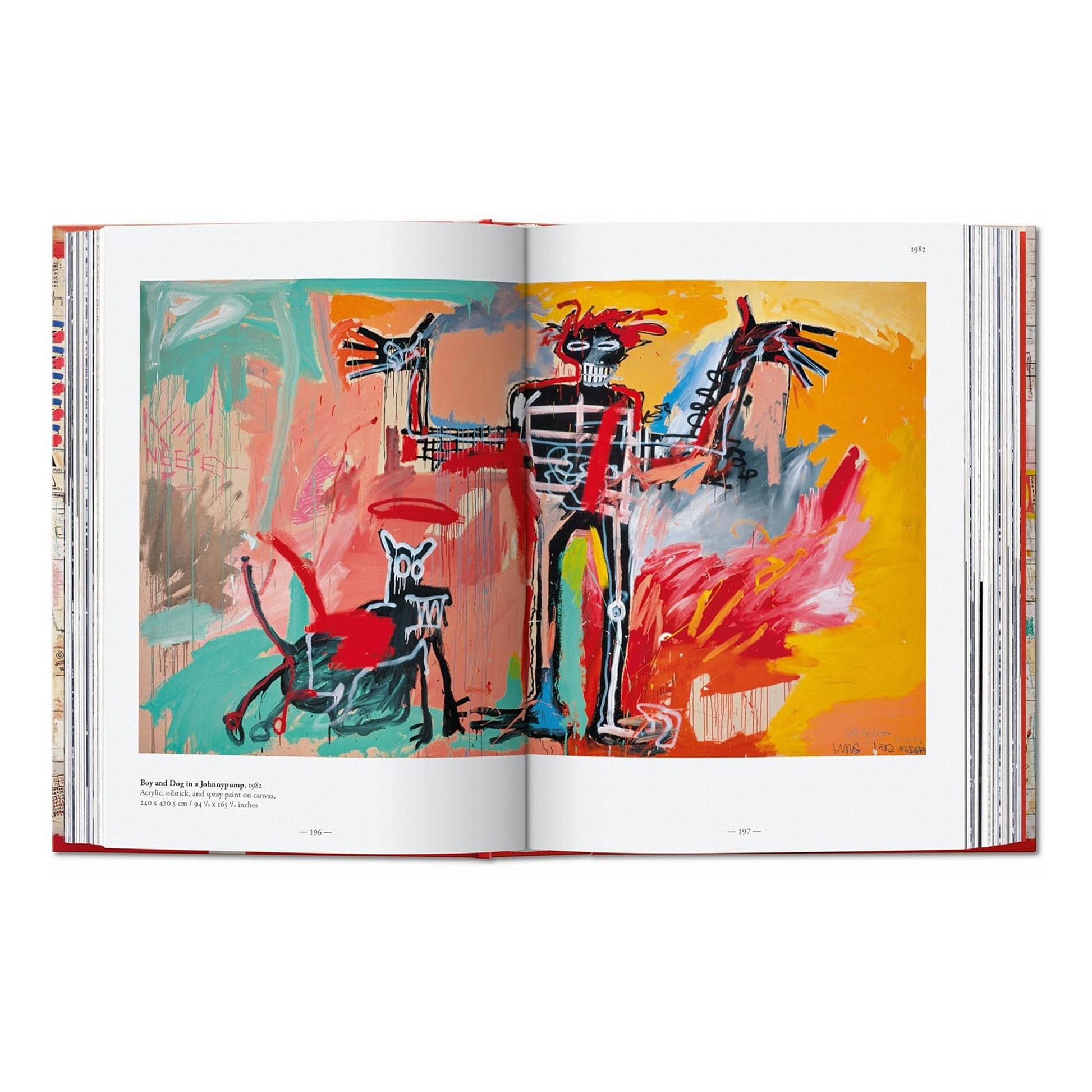 A close-up view of the title "Basquiat" embossed on the hardcover of the luxury art book from Taschen, a highly sought-after collectible for fans of the iconic contemporary artist.