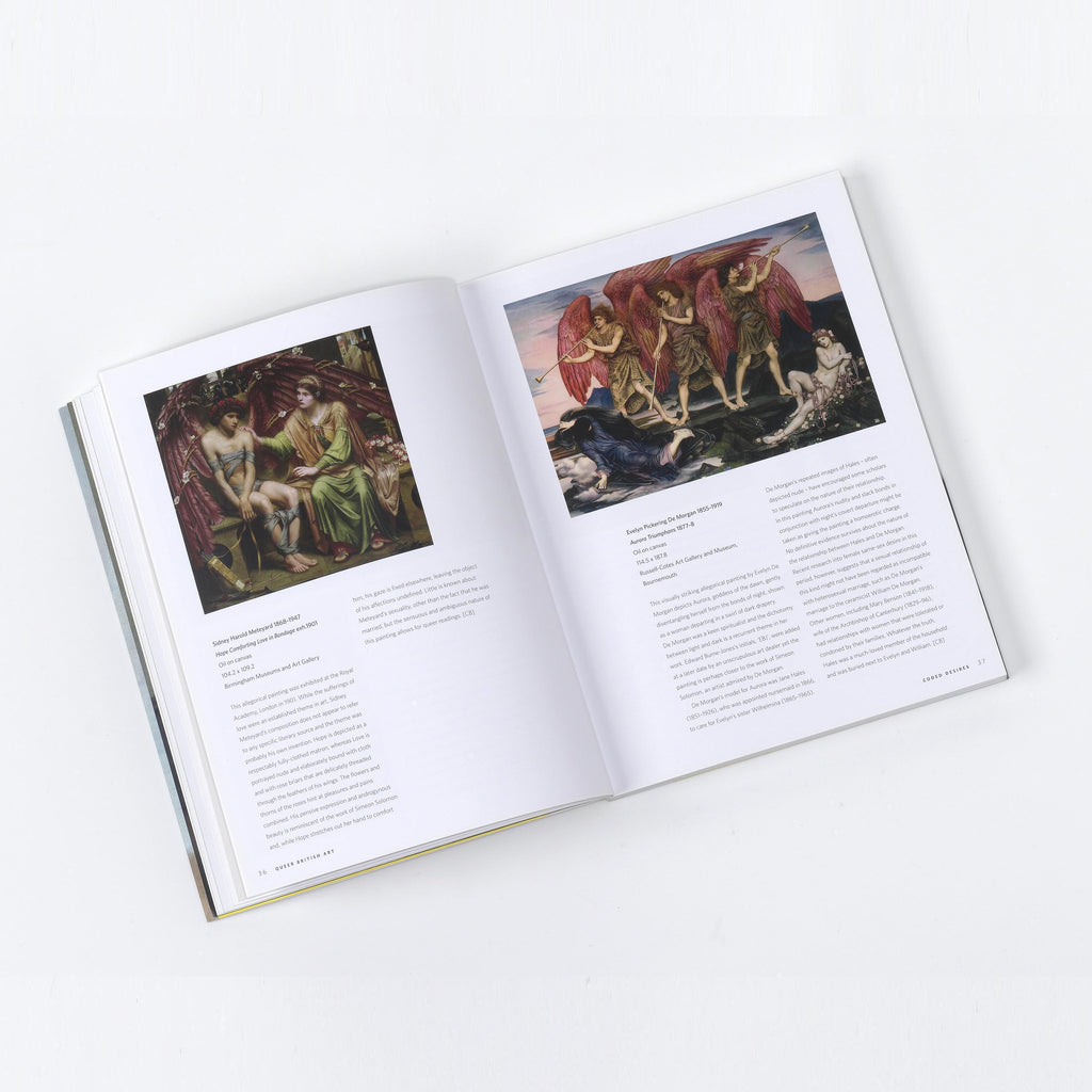 A detailed view of the Queer British Art publication, featuring the painting "The Love of the Angel" by Sir Edward Coley Burne-Jones.