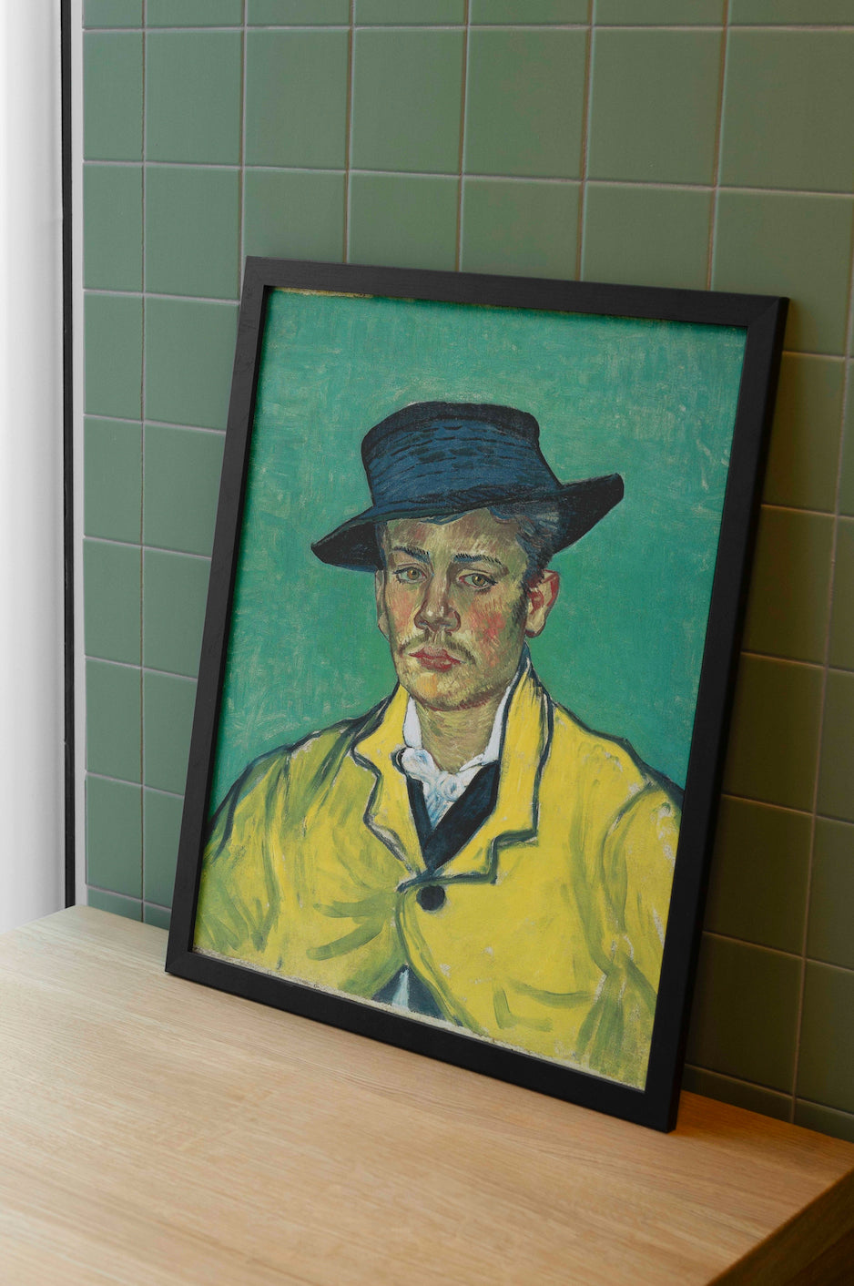 Framed fine art print of Vincent van Gogh's Portrait of Armand Roulin, featuring a black frame. Perfect Vincent van Gogh wall art for home decor.