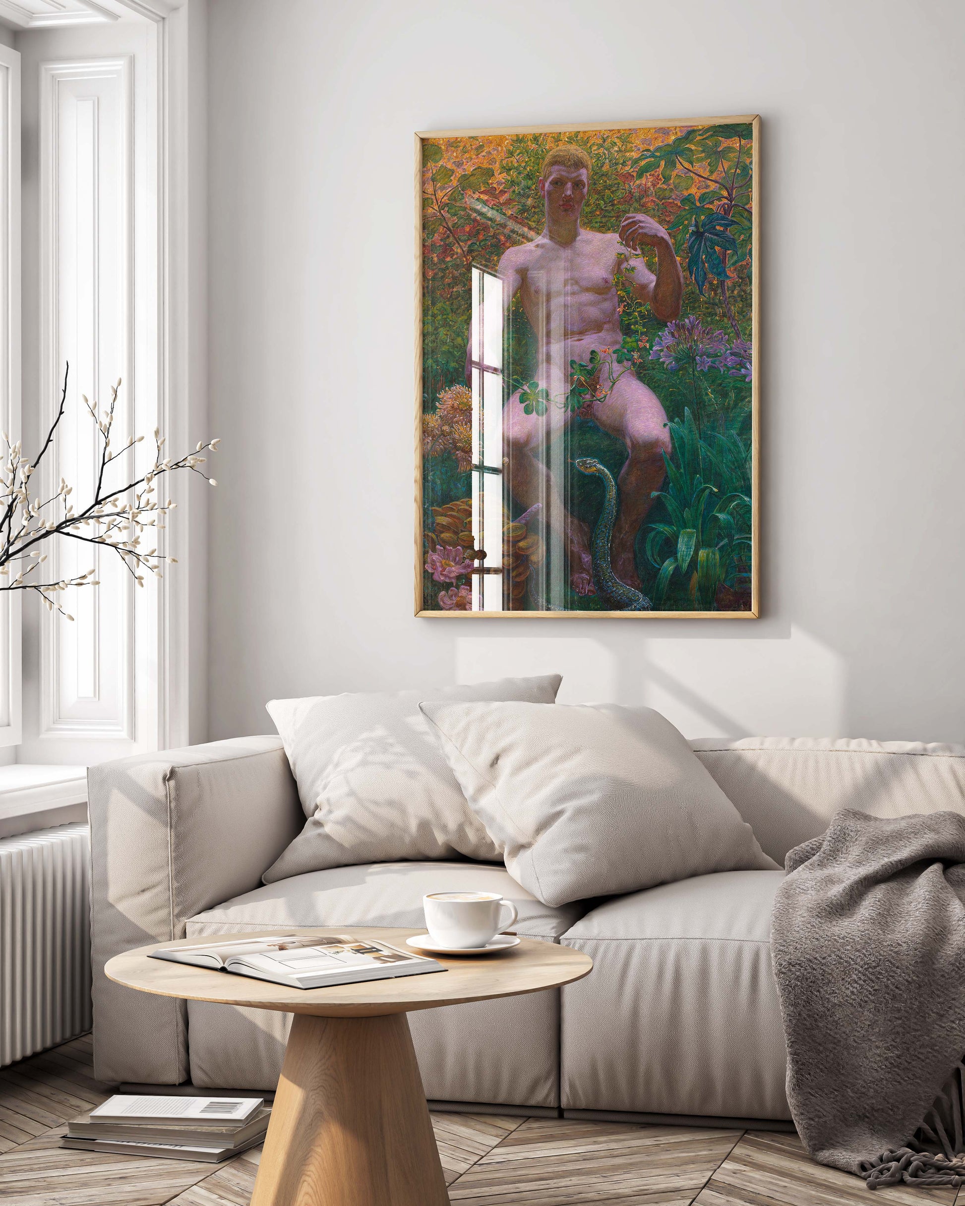 A beautiful giclée fine art print of Kristian Zahrtmann's "Adam in Paradise" hangs framed as a focal point in a modern luxury living room, showcasing the print's vivid colours and adding a touch of sophistication to the interior design.