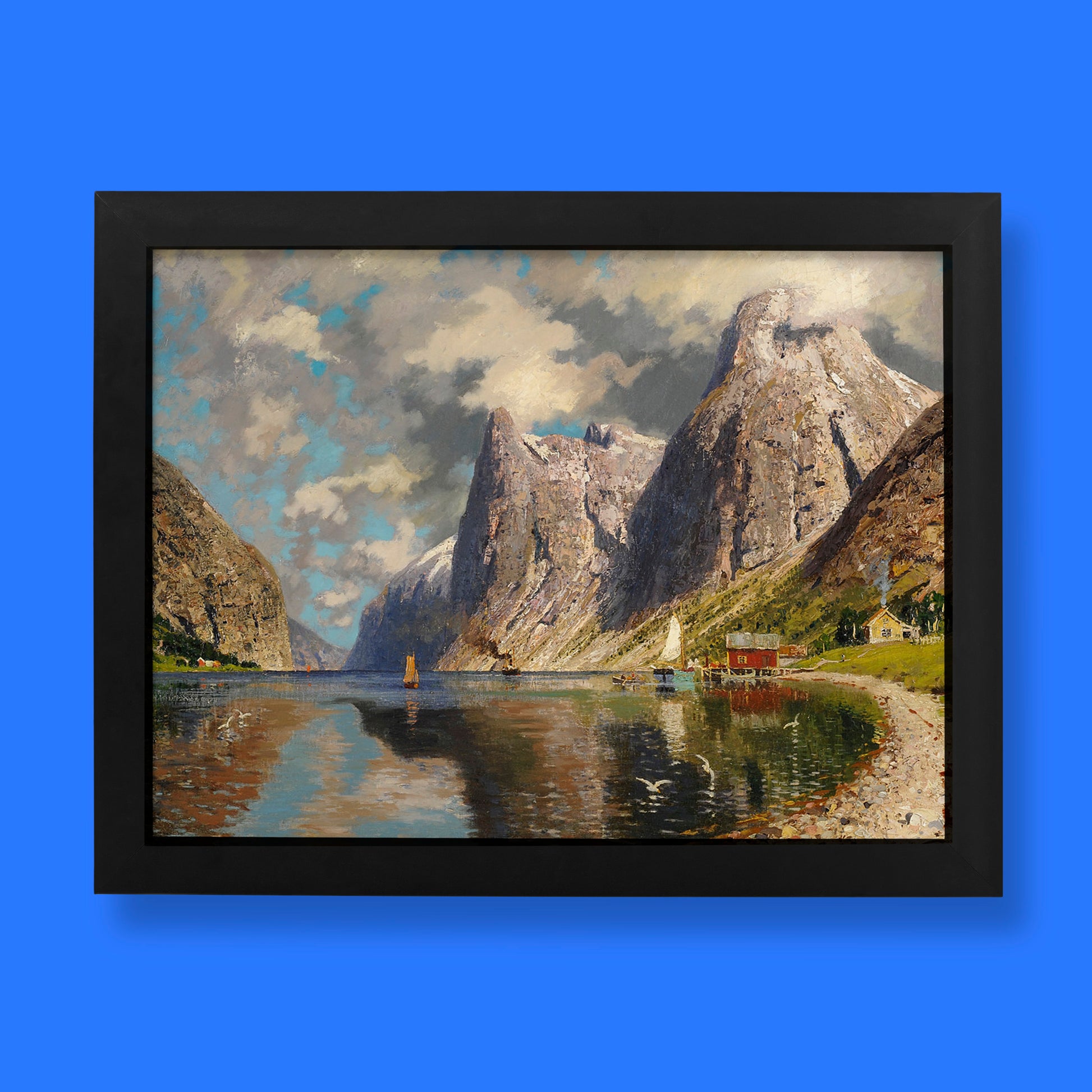 Adelsteen Normann Summer in Fjord Norwegian landscape art print featuring dramatic mountains and tranquil waters, premium Scandinavian wall art for home decor
