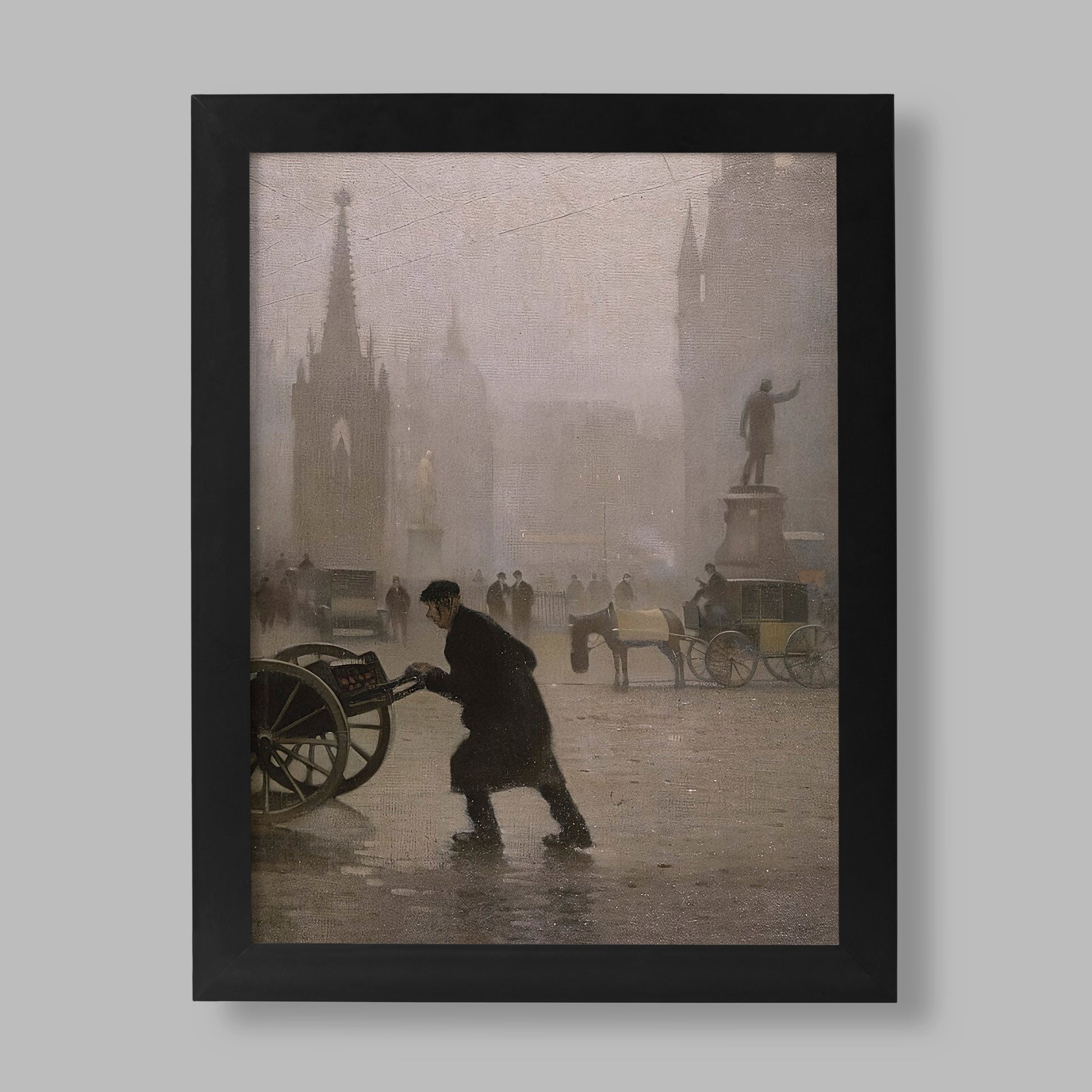 Adolphe Valette Albert Square Manchester fine art print showing atmospheric Victorian cityscape with working figure and Town Hall in fog, premium wall art for home decor