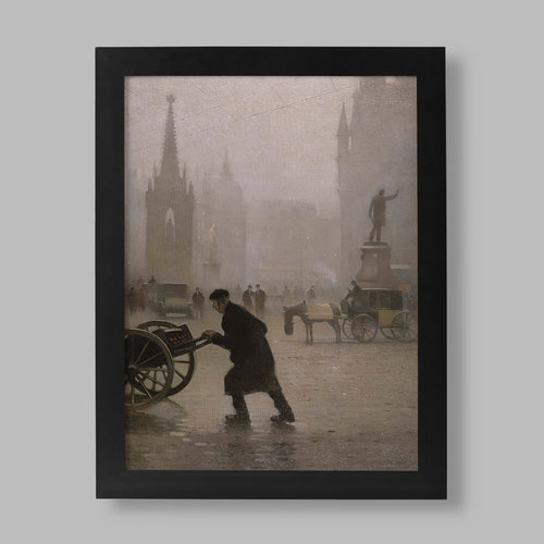 Adolphe Valette Albert Square Manchester fine art print showing atmospheric Victorian cityscape with working figure and Town Hall in fog, premium wall art for home decor
