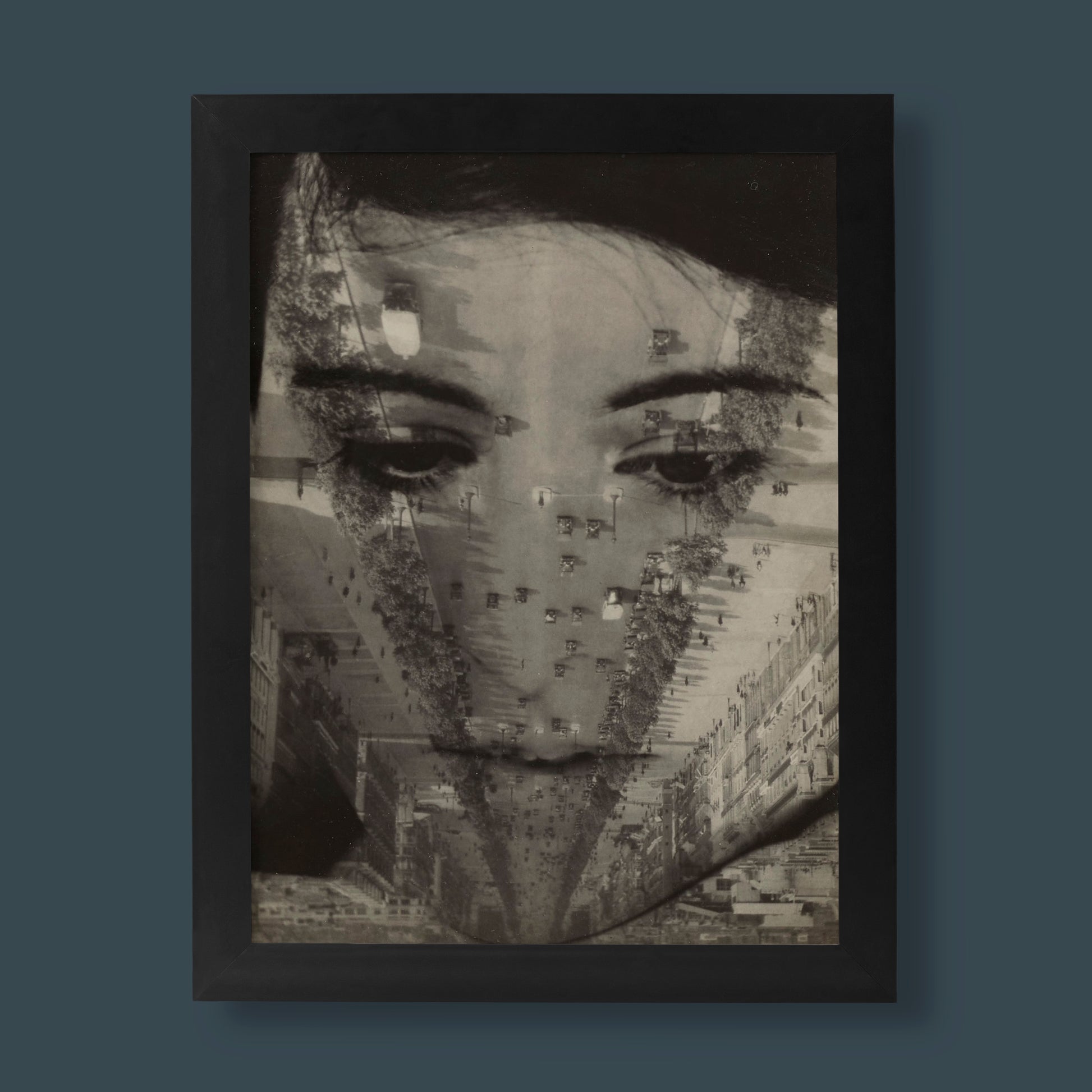 Aenne Biermann Champs-Élysées photomontage fine art print featuring surreal double exposure of portrait and Parisian street scene in black and white photography