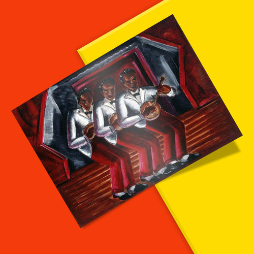 Harlem Renaissance art print by Malvin Gray Johnson depicting joyful Black musicians performing on stage, available as a premium giclée wall art print