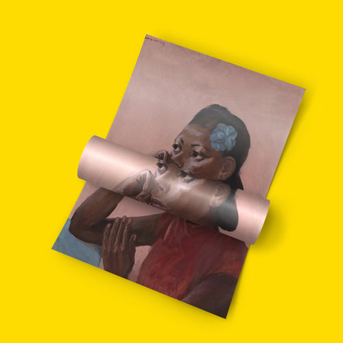 Harlem Renaissance art print by Laura Wheeler Waring depicting Black woman student holding book with elegant blue floral hair accessory