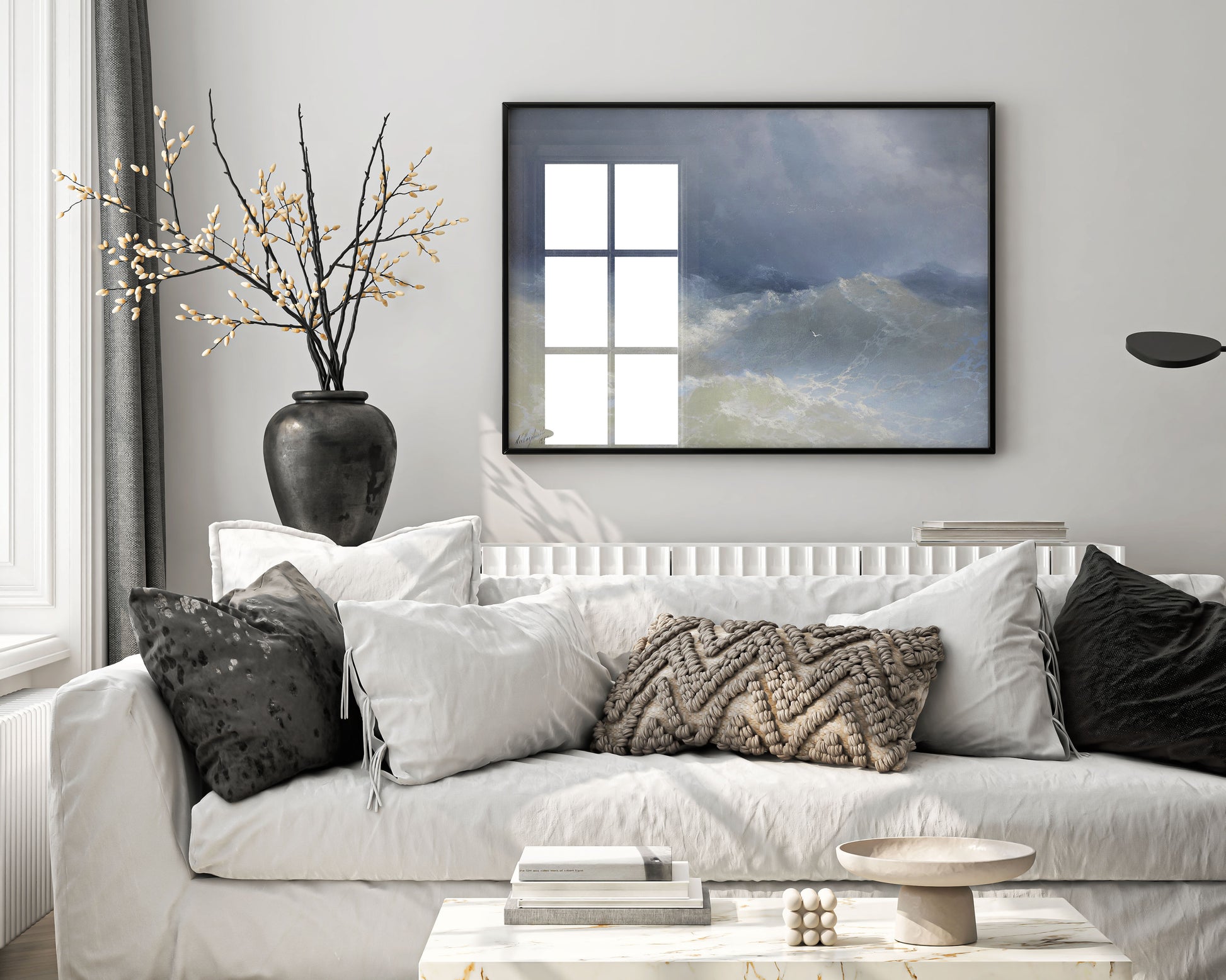 Aivazovsky Among The Waves framed art print displayed as sophisticated wall art in modern living room interior, showing dramatic ocean waves and sublime seascape