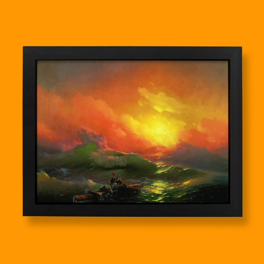 Ivan Aivazovsky The Ninth Wave fine art print showing dramatic seascape with survivors and golden sunrise, perfect wall art for home decor