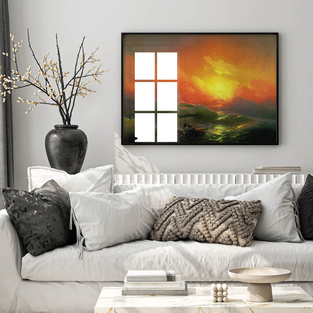 Aivazovsky The Ninth Wave framed art print displayed as elegant wall art in modern living room interior, showing dramatic seascape with golden sunrise
