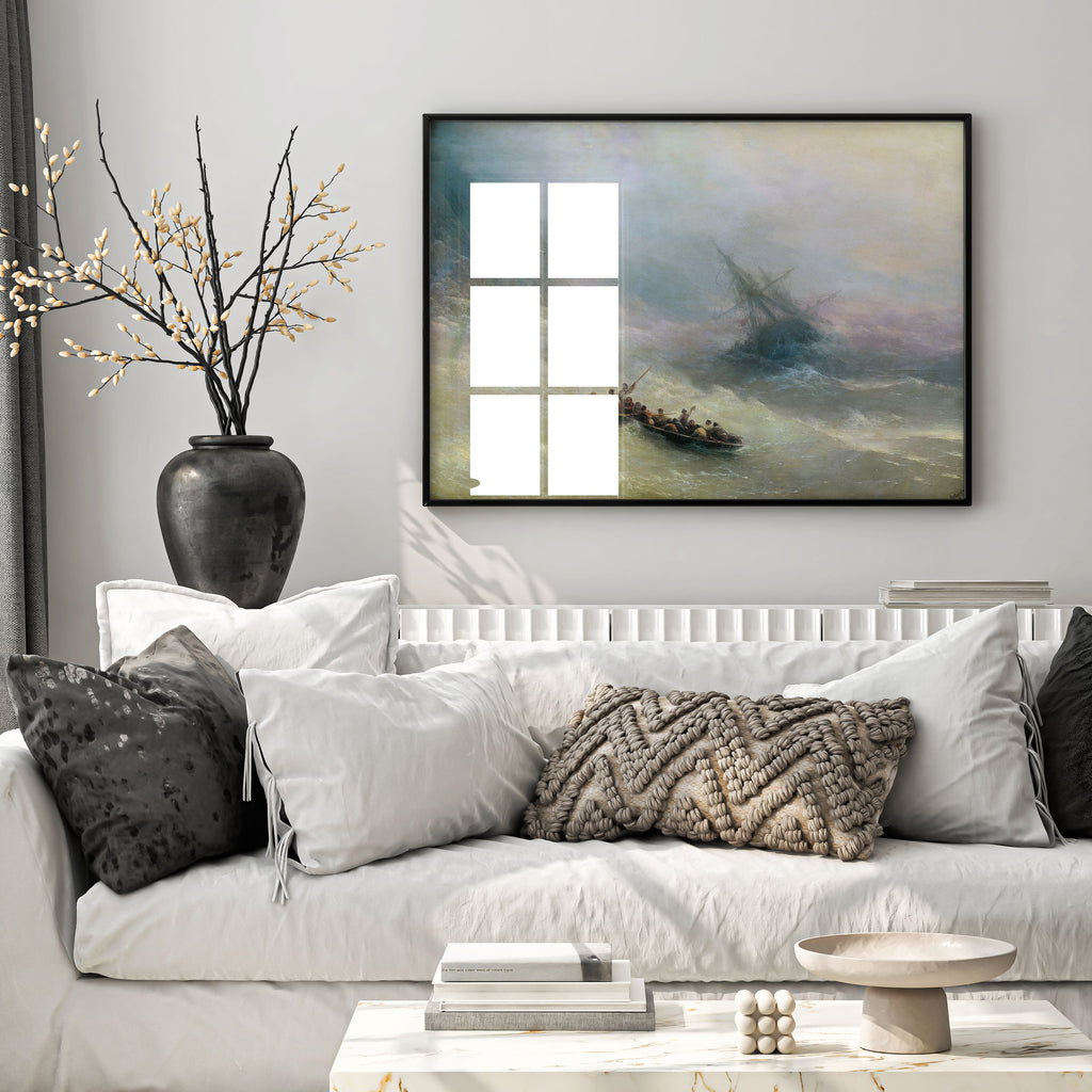 Aivazovsky The Rainbow framed art print displayed as sophisticated wall art in modern living room interior, showing pastel seascape with delicate rainbow and sailors
